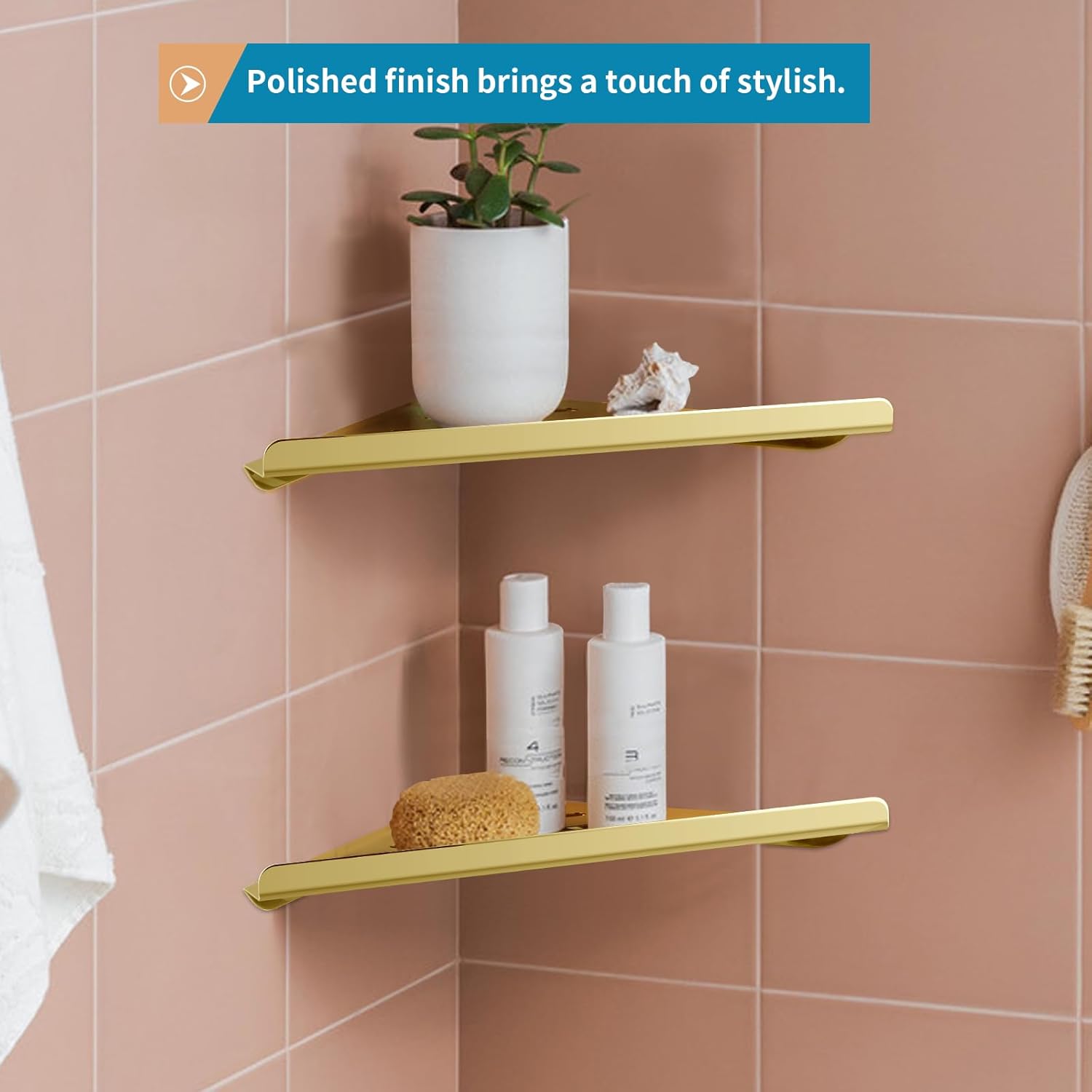 2 Pcs 304 Stainless Steel Corner Shelf with Screws Polished Gold