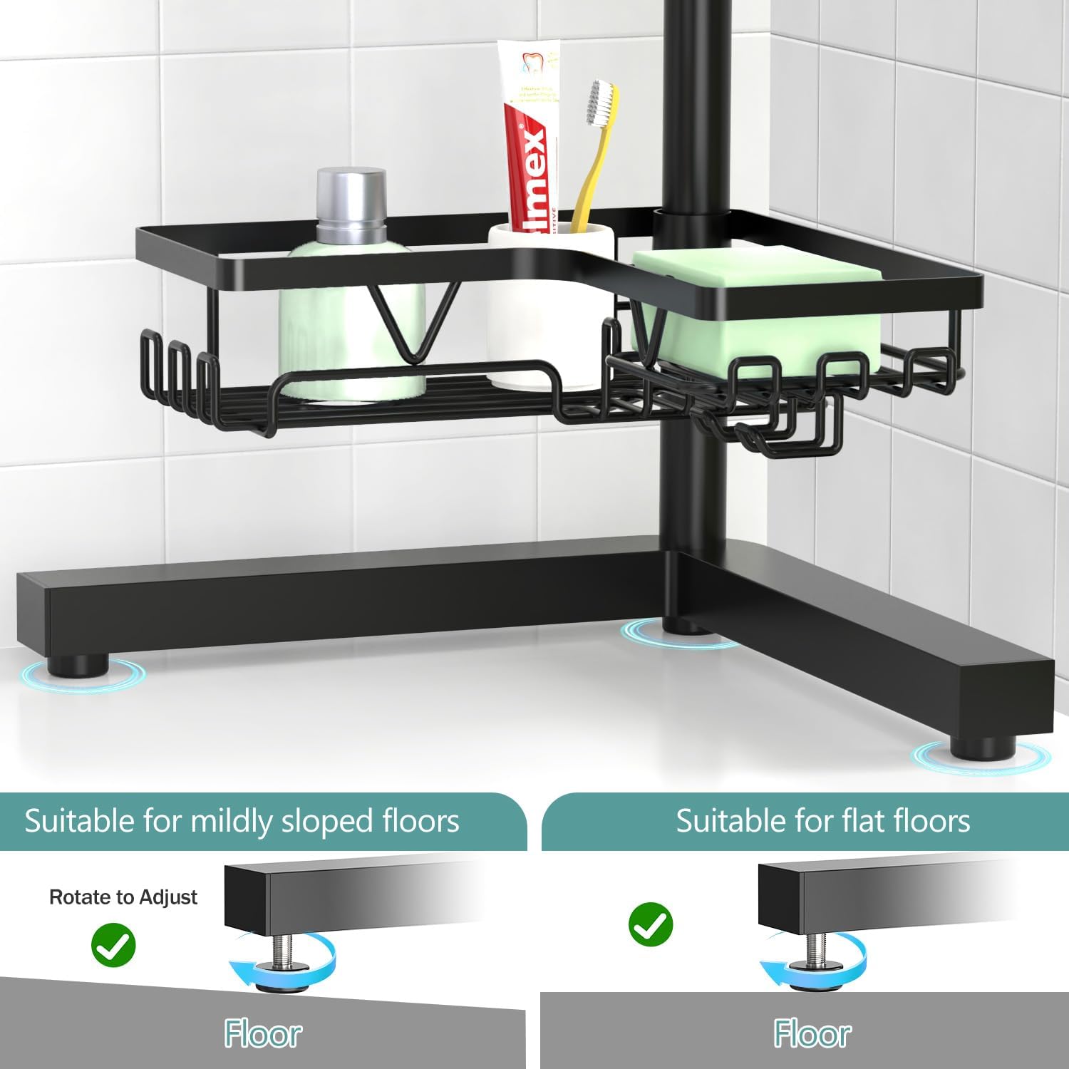 KEGII 4-Tier Floor and Wall Mount Shower Caddy with Hooks and Soap Holder Rustproof Corner Organizer Black