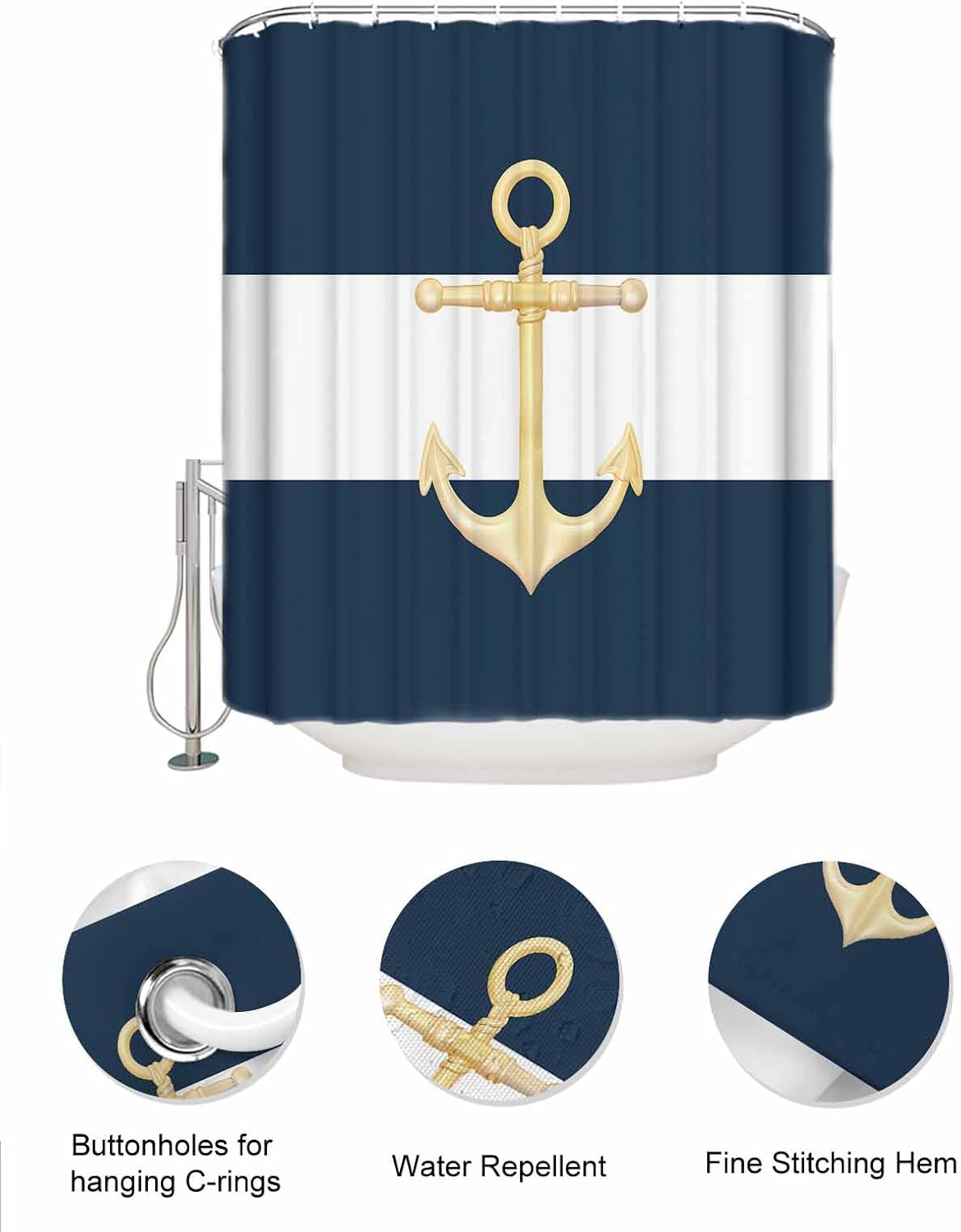 Gold Sea Anchor Blue and White Waterproof Shower Curtain with Mesh Organizer and 15 Hooks