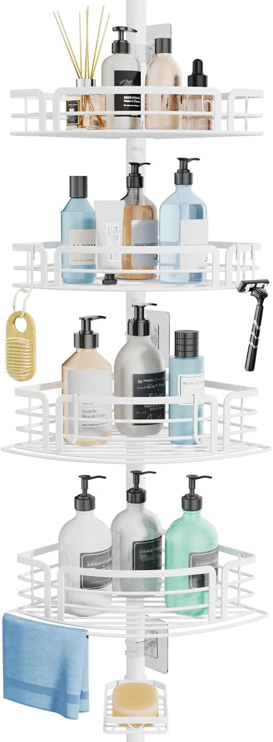 Consumest Corner Shower Caddy Tension Pole - Rustproof With Towel Bar And Soap Holder Adjustable White