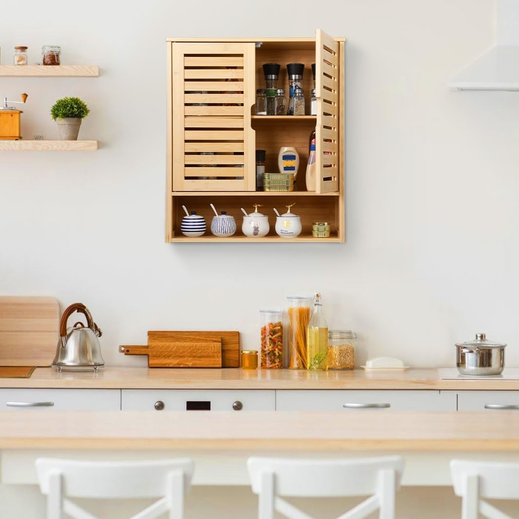 HYNAWIN 2-Tier Bamboo Medicine Cabinet with Adjustable Shelves for Bathroom Kitchen and Living Room