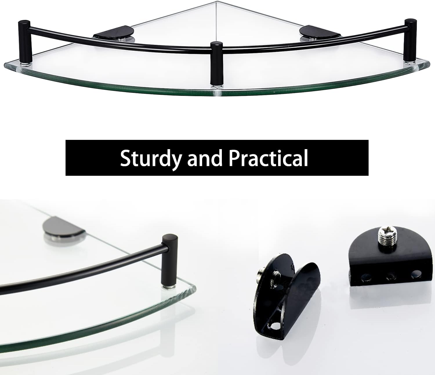 Bathroom Corner Shower Caddy with Tempered Glass and Stainless Steel Rail - Black