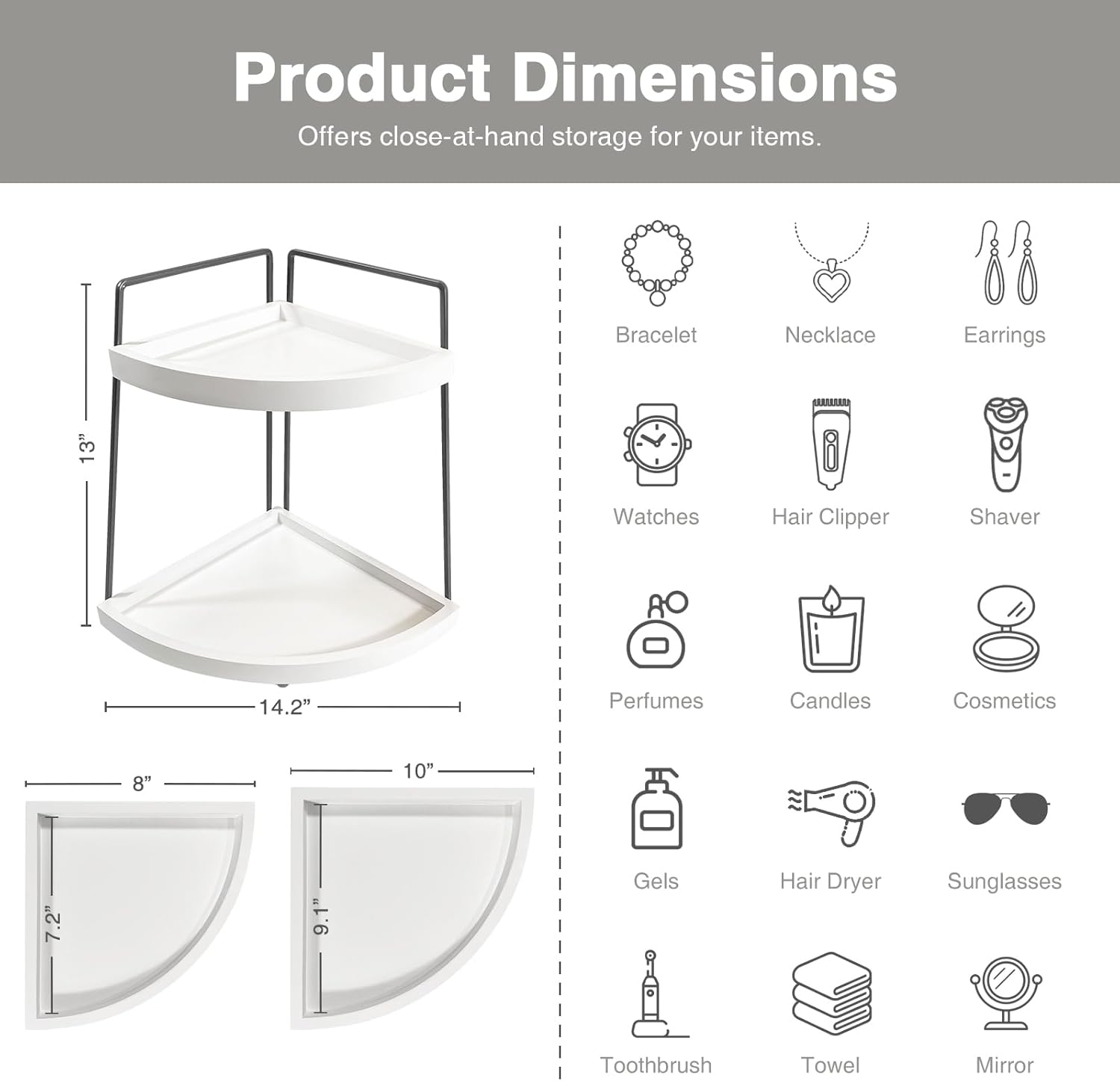 Forbena 2 Tier Corner Bathroom Organizer Shelf Stand - White and Grey