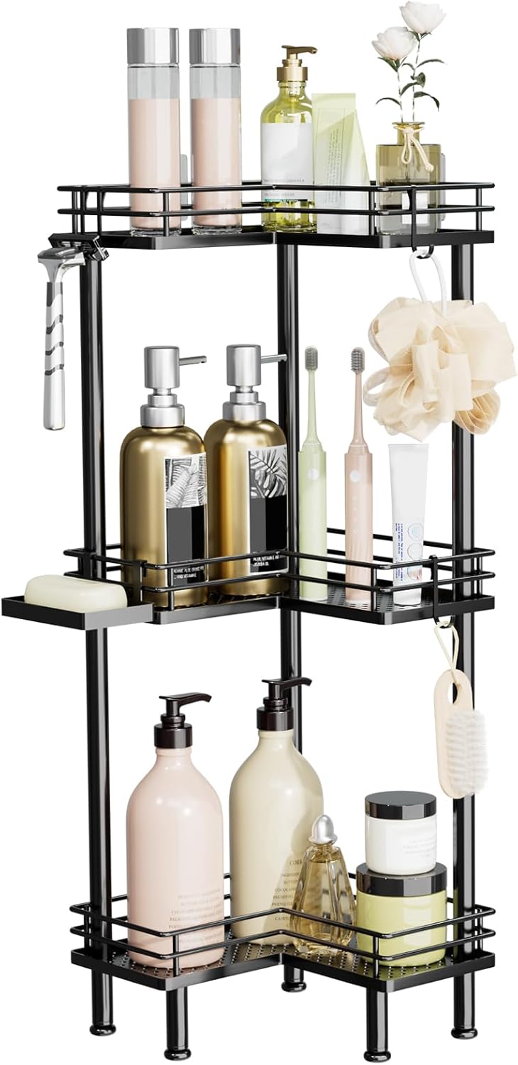 Consumest Corner Shower Caddy 3-Tier Stainless Steel Organizer with Hooks and Soap Holder