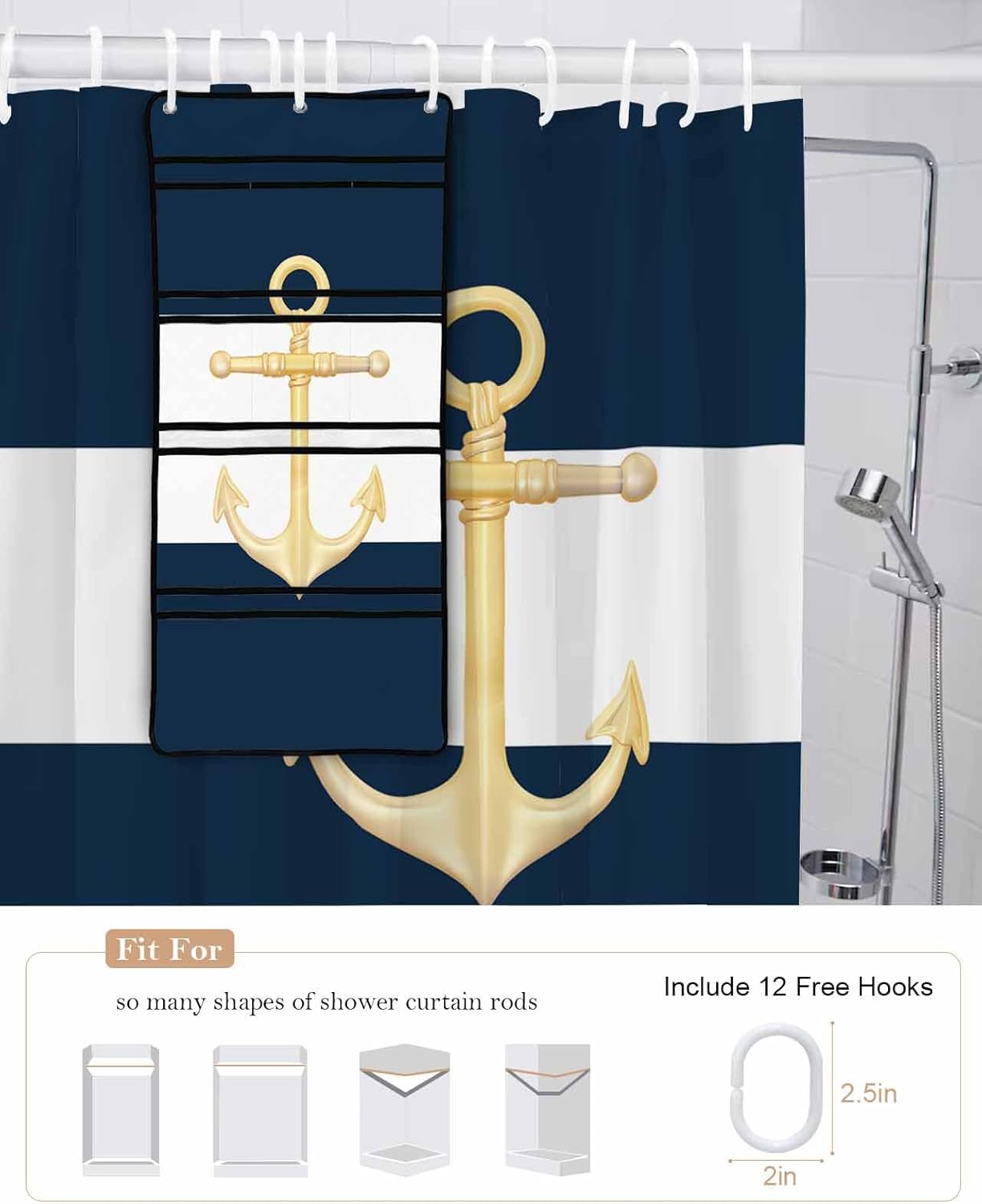 Gold Sea Anchor Blue and White Waterproof Shower Curtain with Mesh Organizer and 15 Hooks