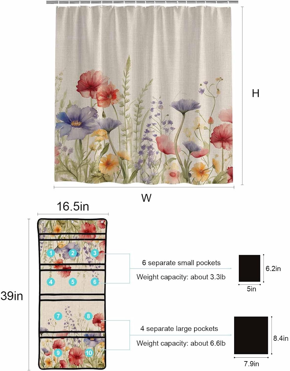 Vintage Floral Leaf Shower Curtain and Mesh Organizer Set