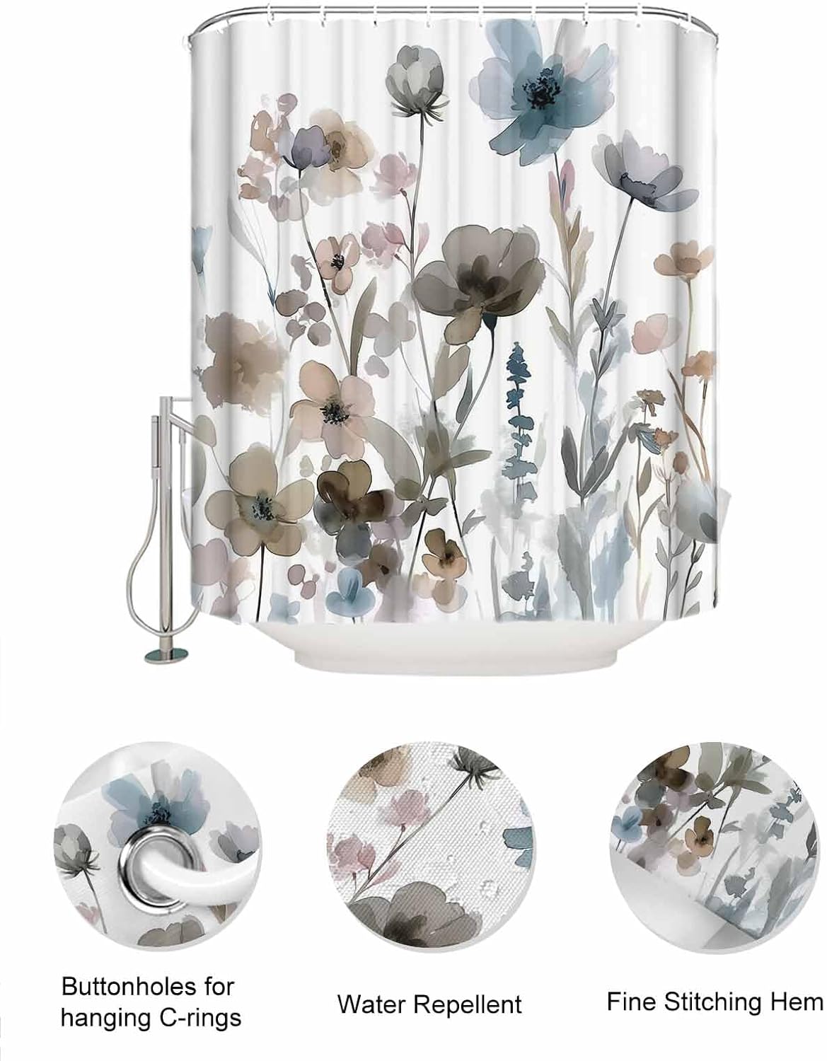Watercolor Botanical Flower Shower Curtain with 10 Pocket Organizer and Hooks