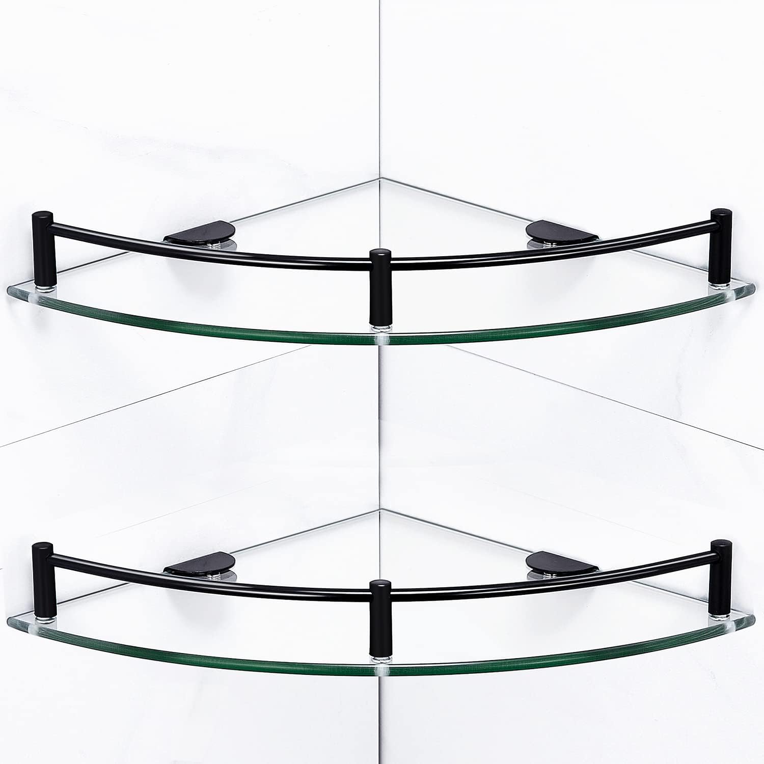 Bathroom Corner Shower Caddy with Tempered Glass and Stainless Steel Rail - Black