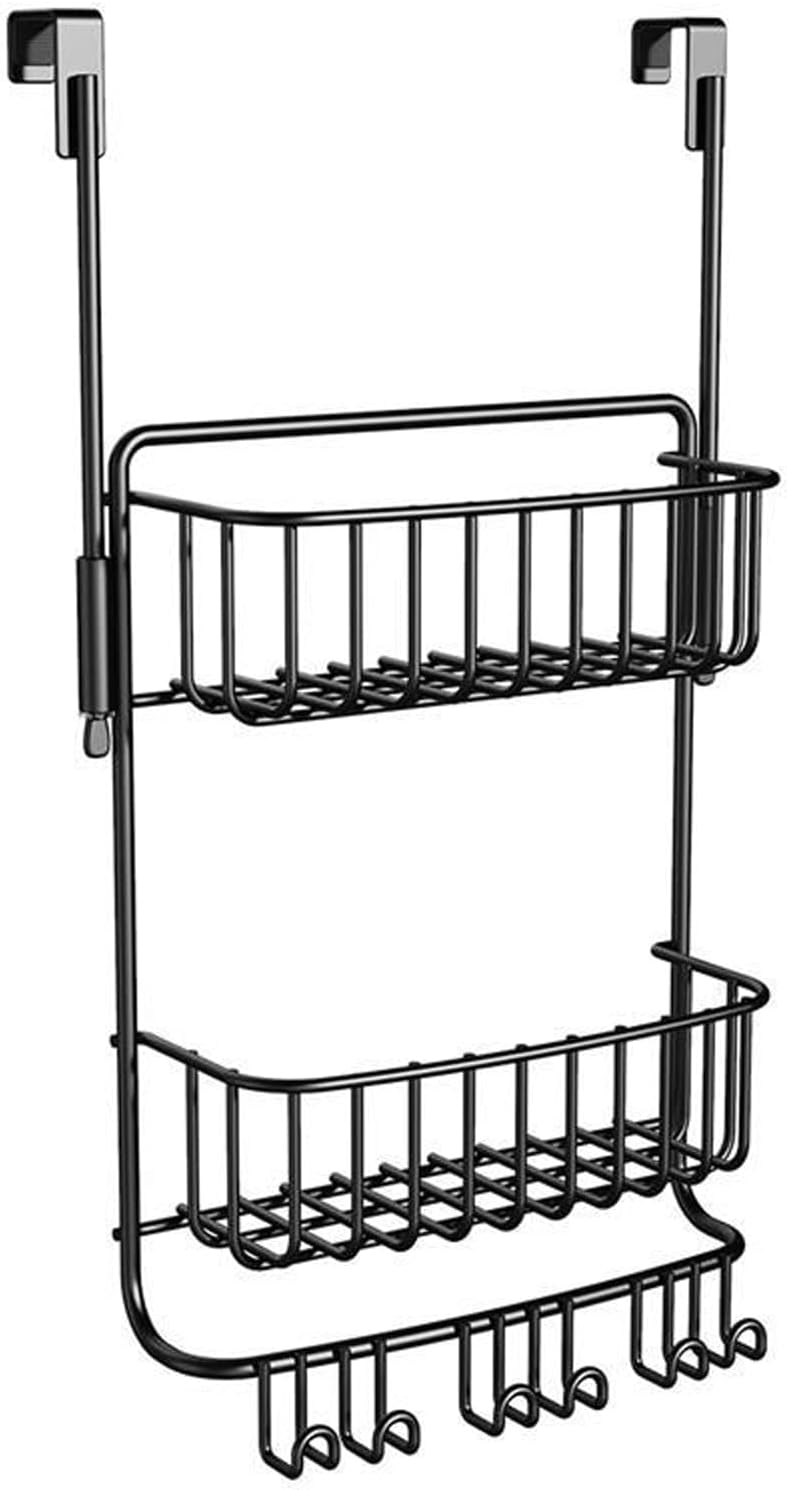 2-Tier Over Door Shower Caddy with 6 Hooks Rustproof Metal Storage for Toiletries No Drill Mount Black