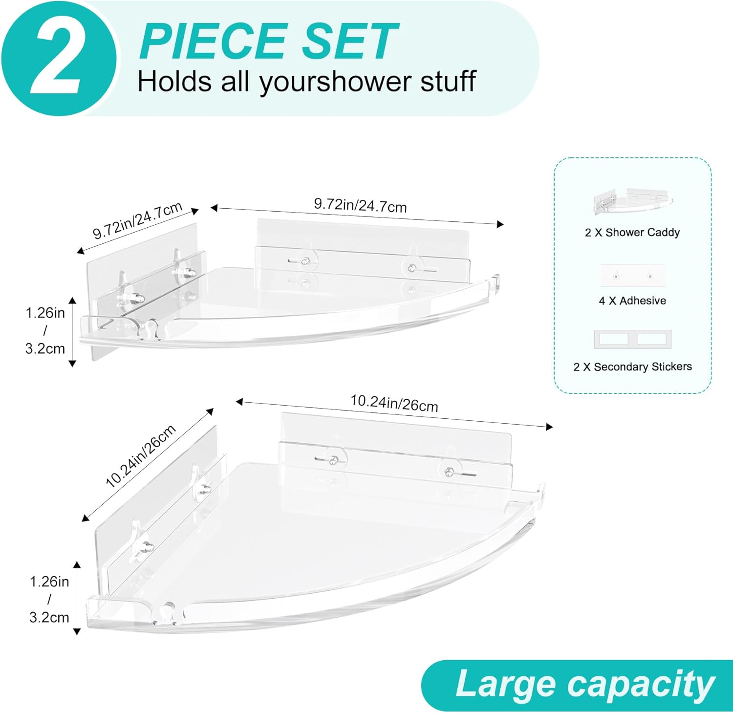 2-Pack Acrylic Corner Shower Caddy Set Clear RustProof No Drilling Wall Mount Organizer