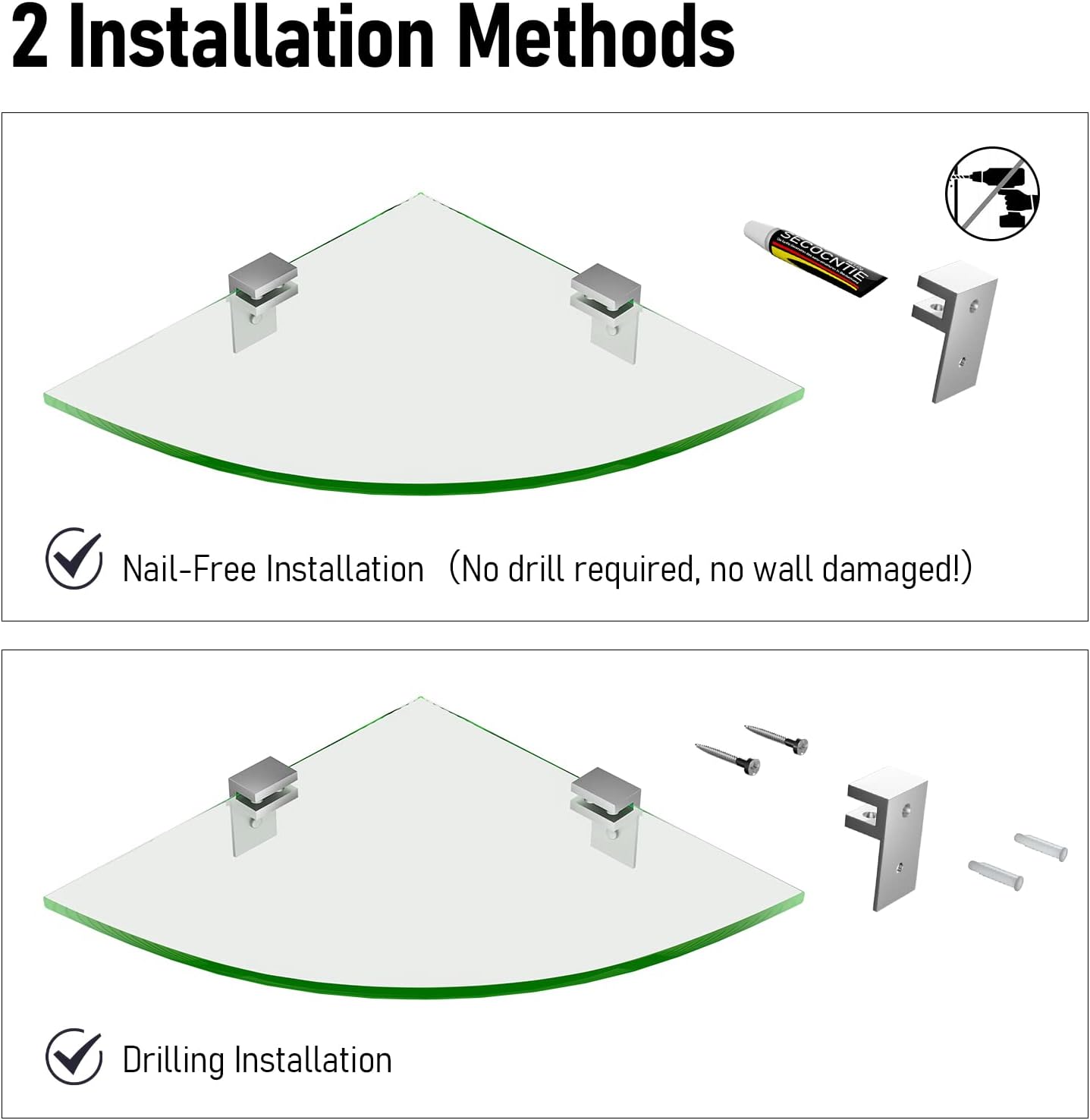 2-Pack Glass Corner Shower Shelves Drill Free Installation