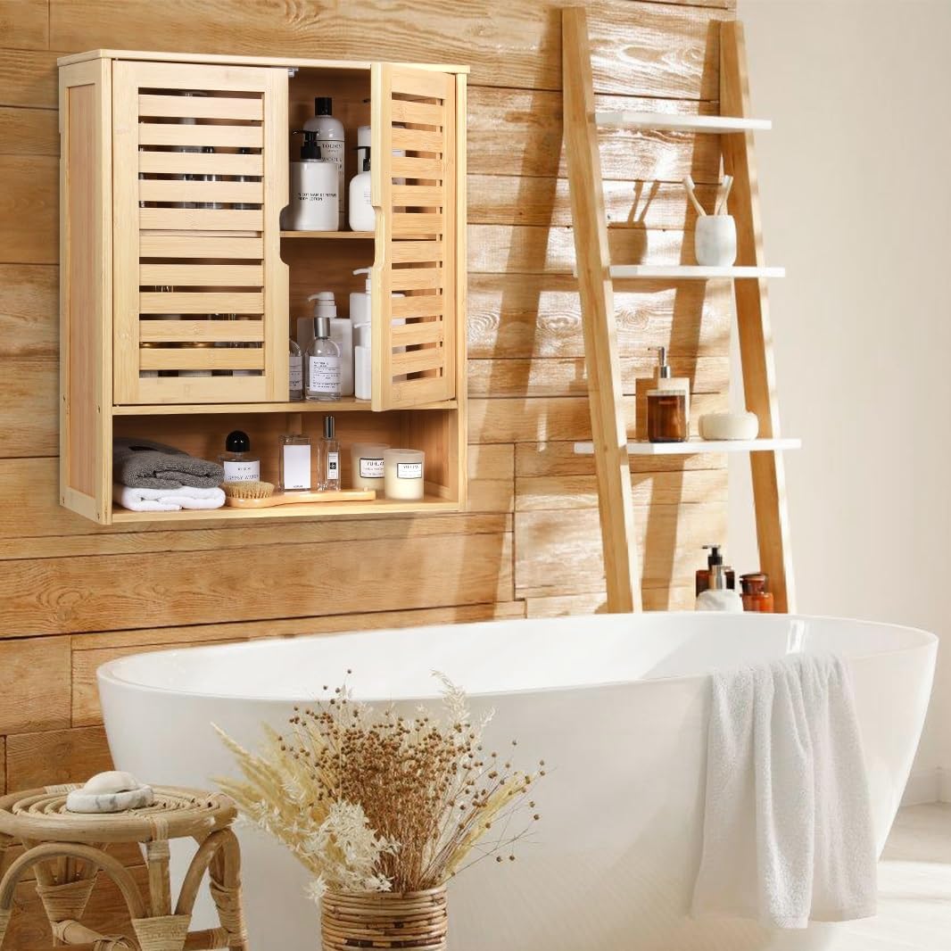 HYNAWIN 2-Tier Bamboo Medicine Cabinet with Adjustable Shelves for Bathroom Kitchen and Living Room
