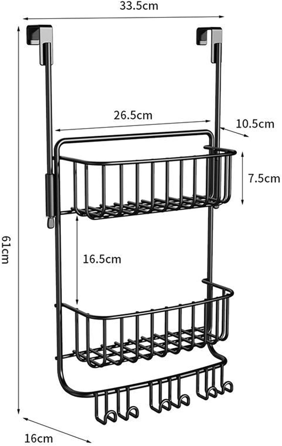 2-Tier Over Door Shower Caddy with 6 Hooks Rustproof Metal Storage for Toiletries No Drill Mount Black