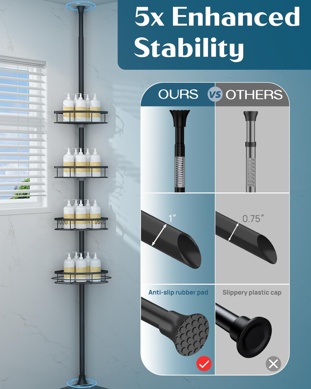SEIRIONE Corner Shower Caddy Tension Pole 4-Tier Adjustable Rustproof Black