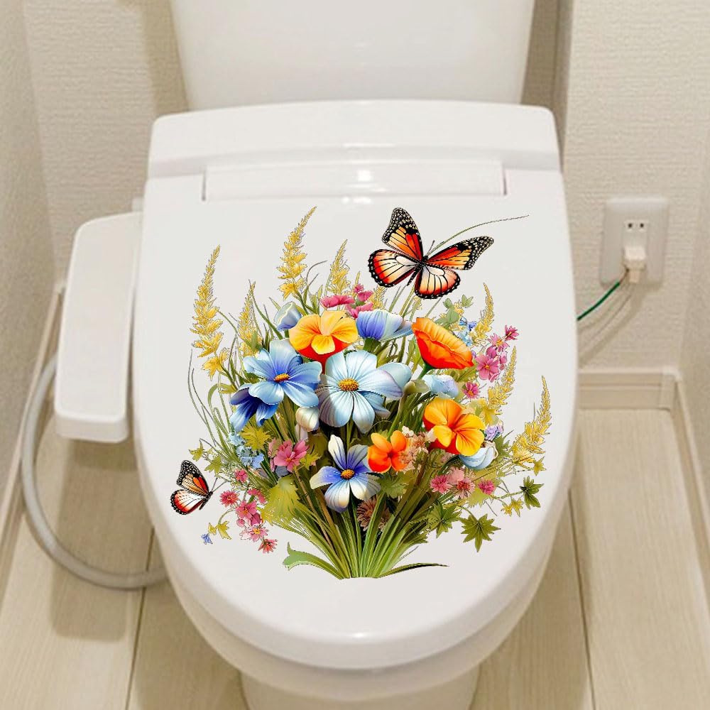 Toilet Stickers Bathroom Wall Decor Flowers Green Plant Butterflies Vinyl Decals