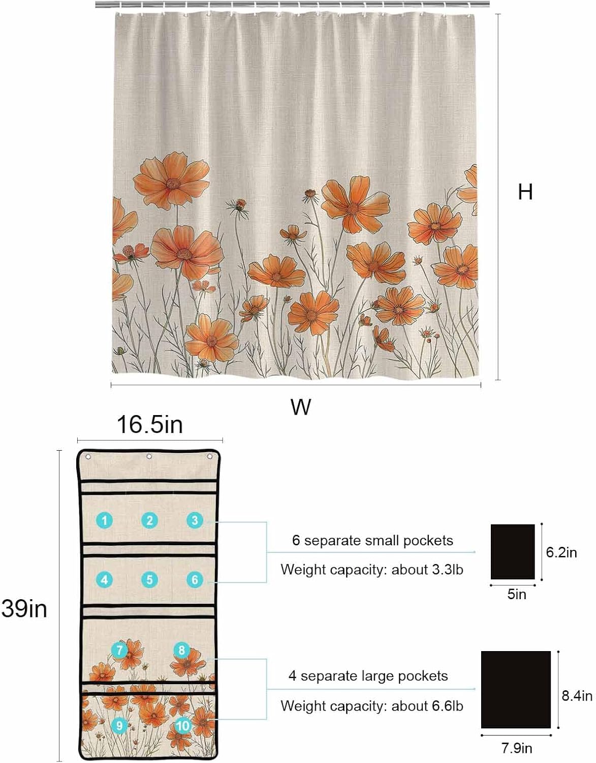 Watercolor Garden Orange Floral Shower Curtain Set with Hooks