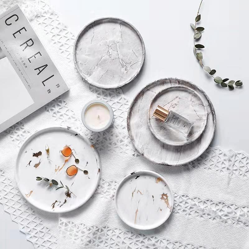 Elegant Marbled Round Jewelry Dish Key Holder White Ceramic Vanity Tray for Bathroom Organizer