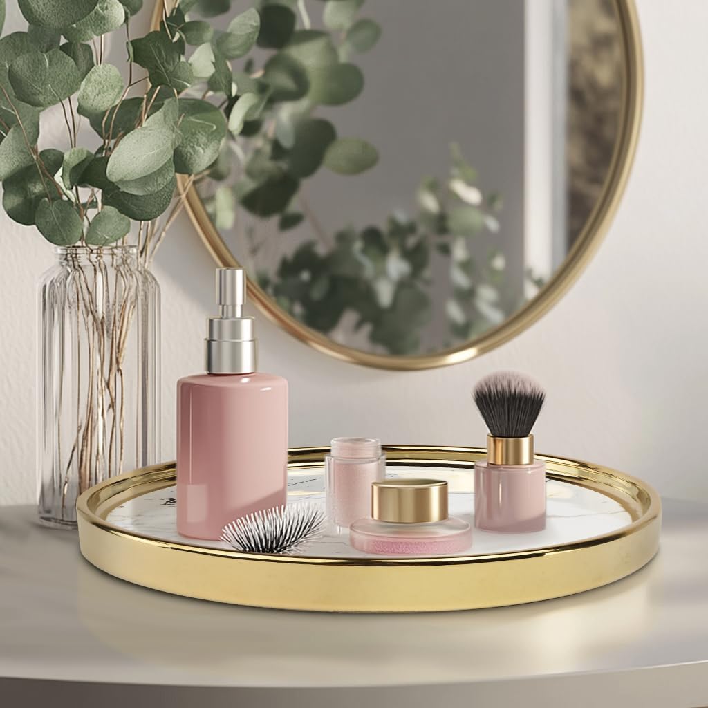 Vanity Perfume Round Decorative Storage Tray - White Organizer for Bathroom and Bedroom
