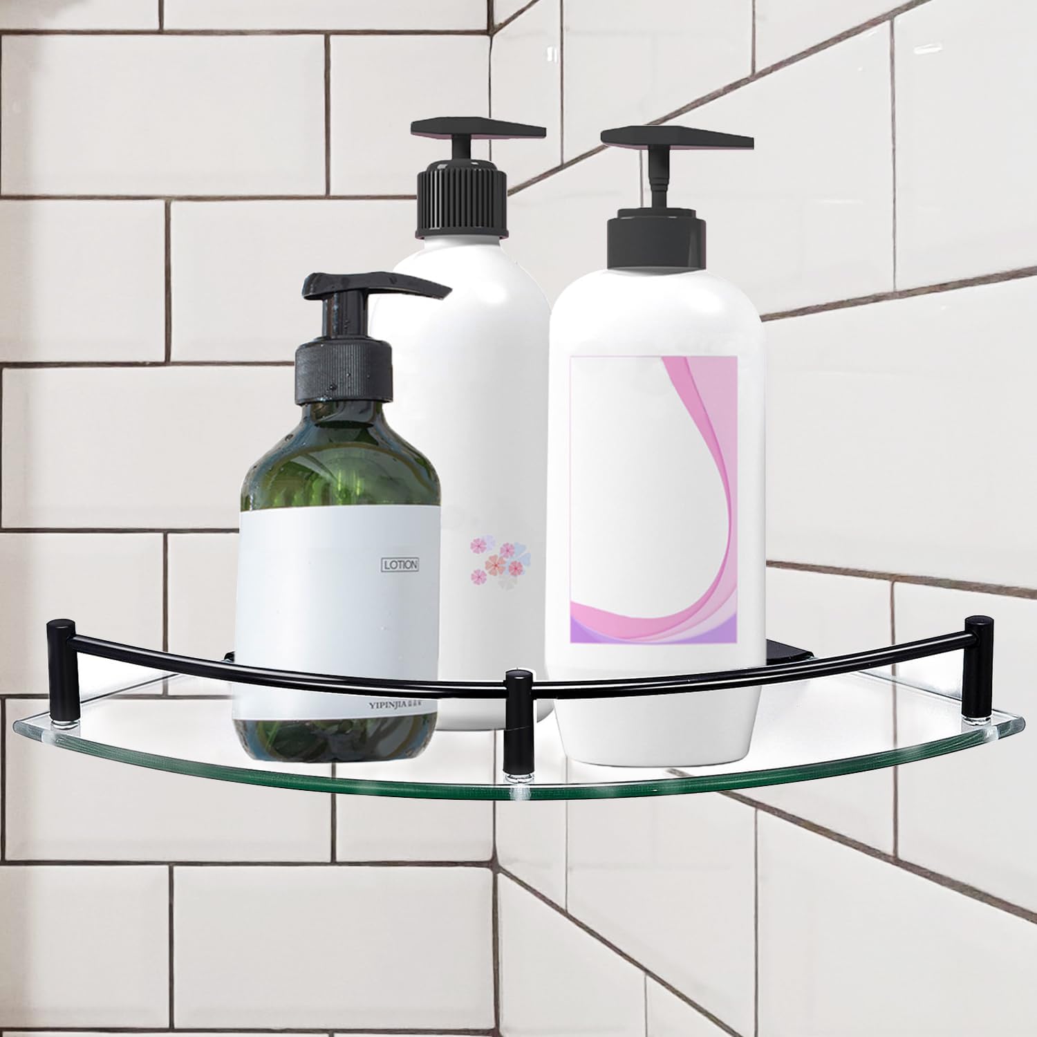 Bathroom Corner Shower Caddy with Tempered Glass and Stainless Steel Rail - Black