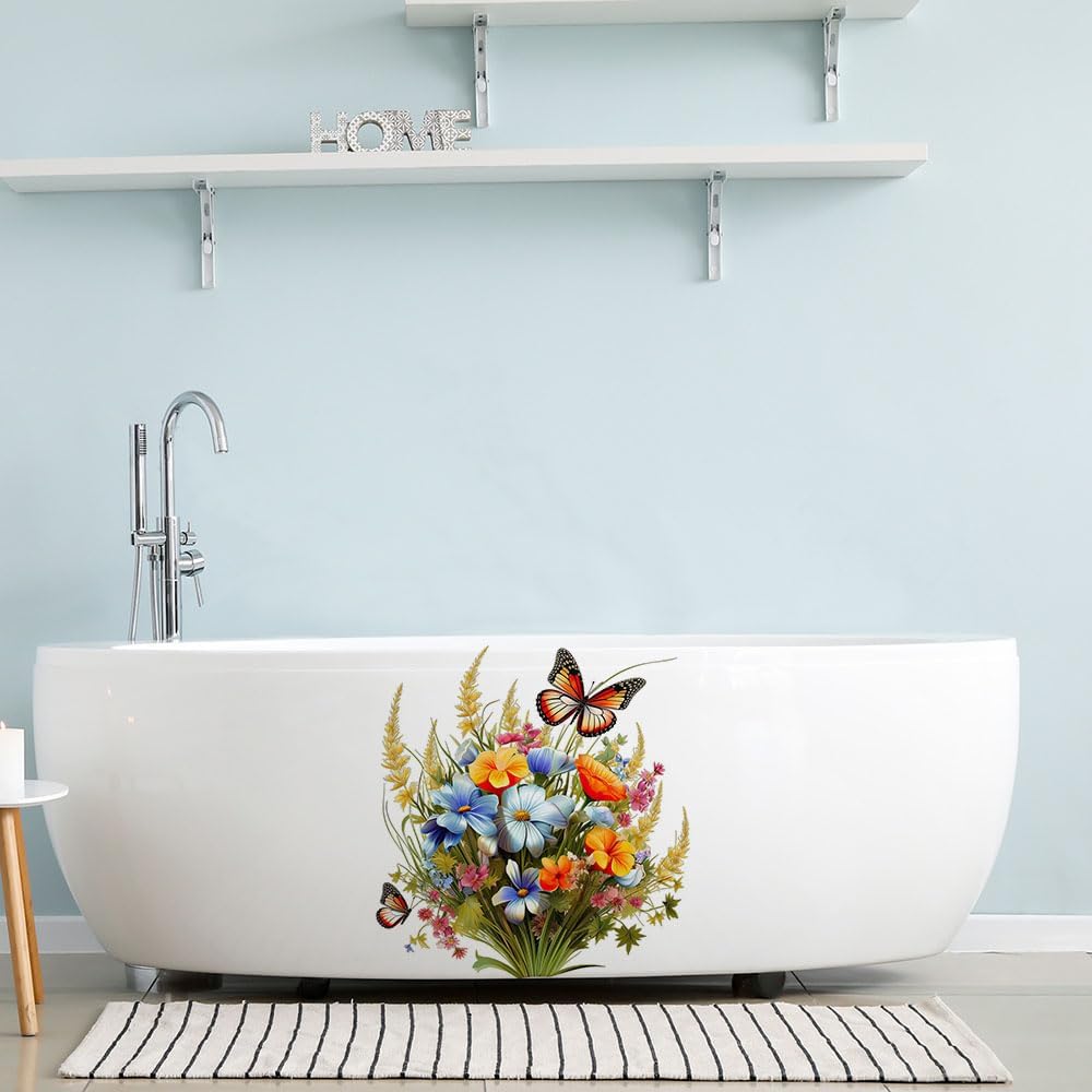 Toilet Stickers Bathroom Wall Decor Flowers Green Plant Butterflies Vinyl Decals
