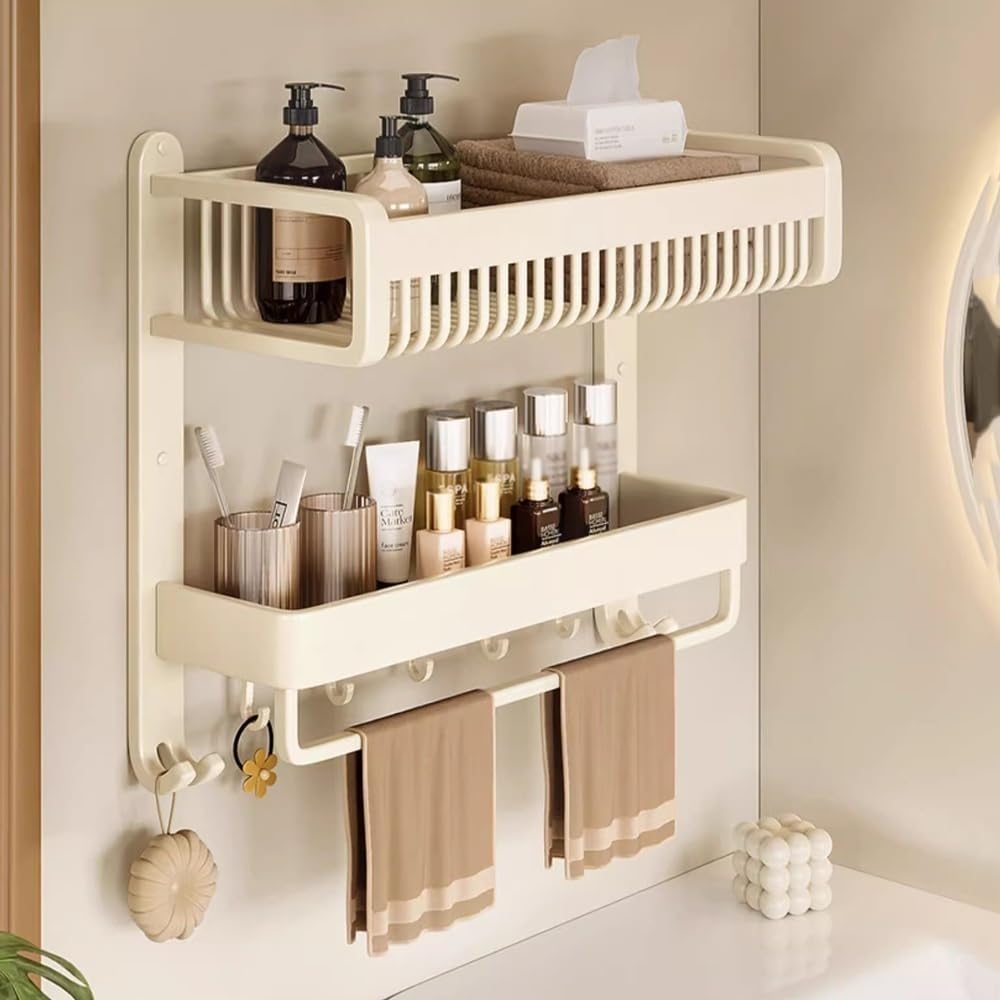 2-Tier Bathroom Shelf With Towel Bar and Hooks Wall Mounted Aluminum Shower Organizer 57CM