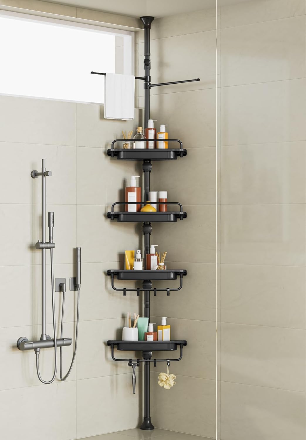 XLHOMO 32-122 Inch Corner Shower Caddy with 4 Tier Shelves 1