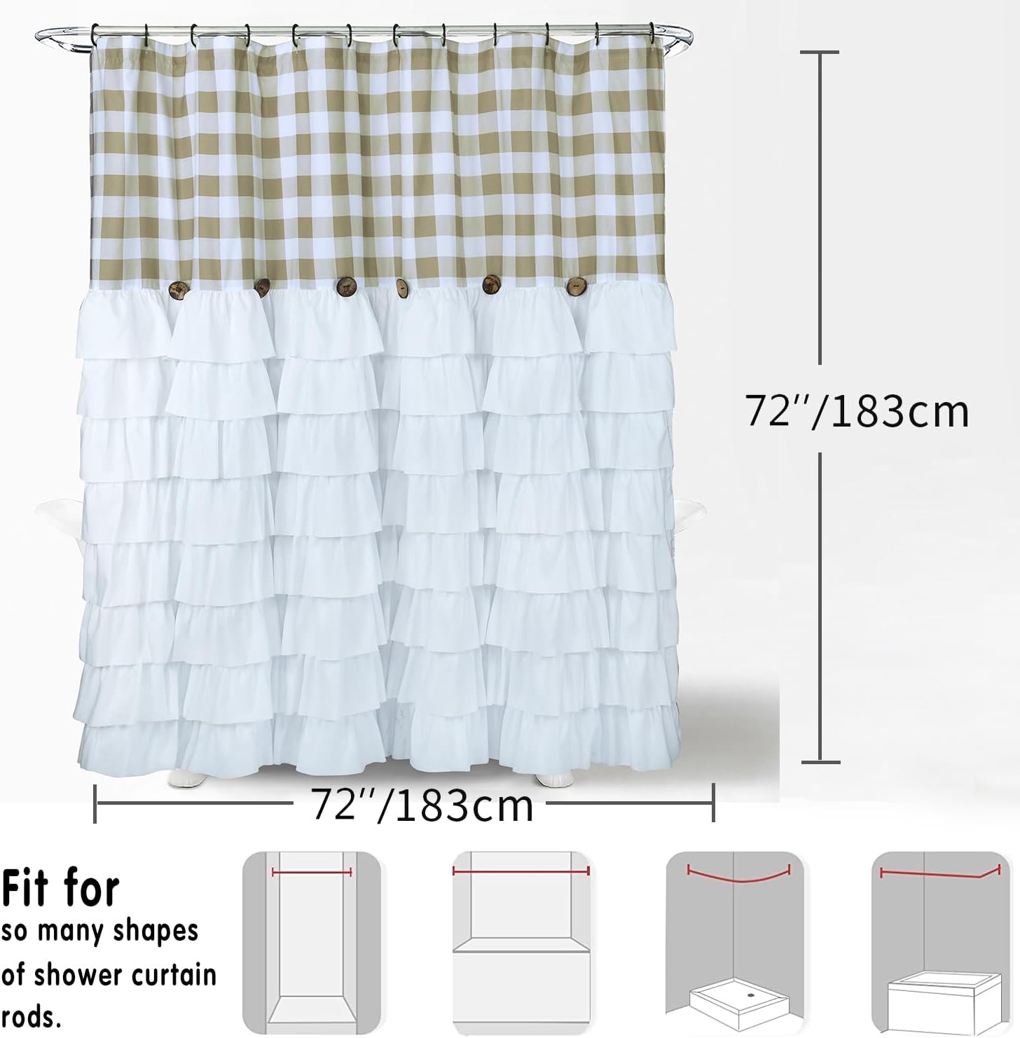 72 x 72in Farmhouse Ruffled Shower Curtain with Vintage Buttons