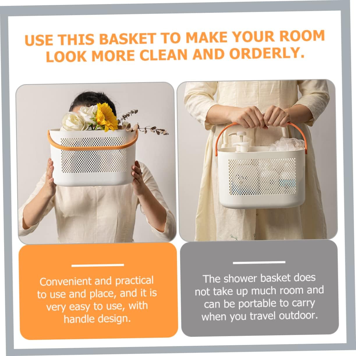 PRETYZOOM Portable Shower Basket Lightweight Plastic Storage Bin with Handles for Bathroom Organization