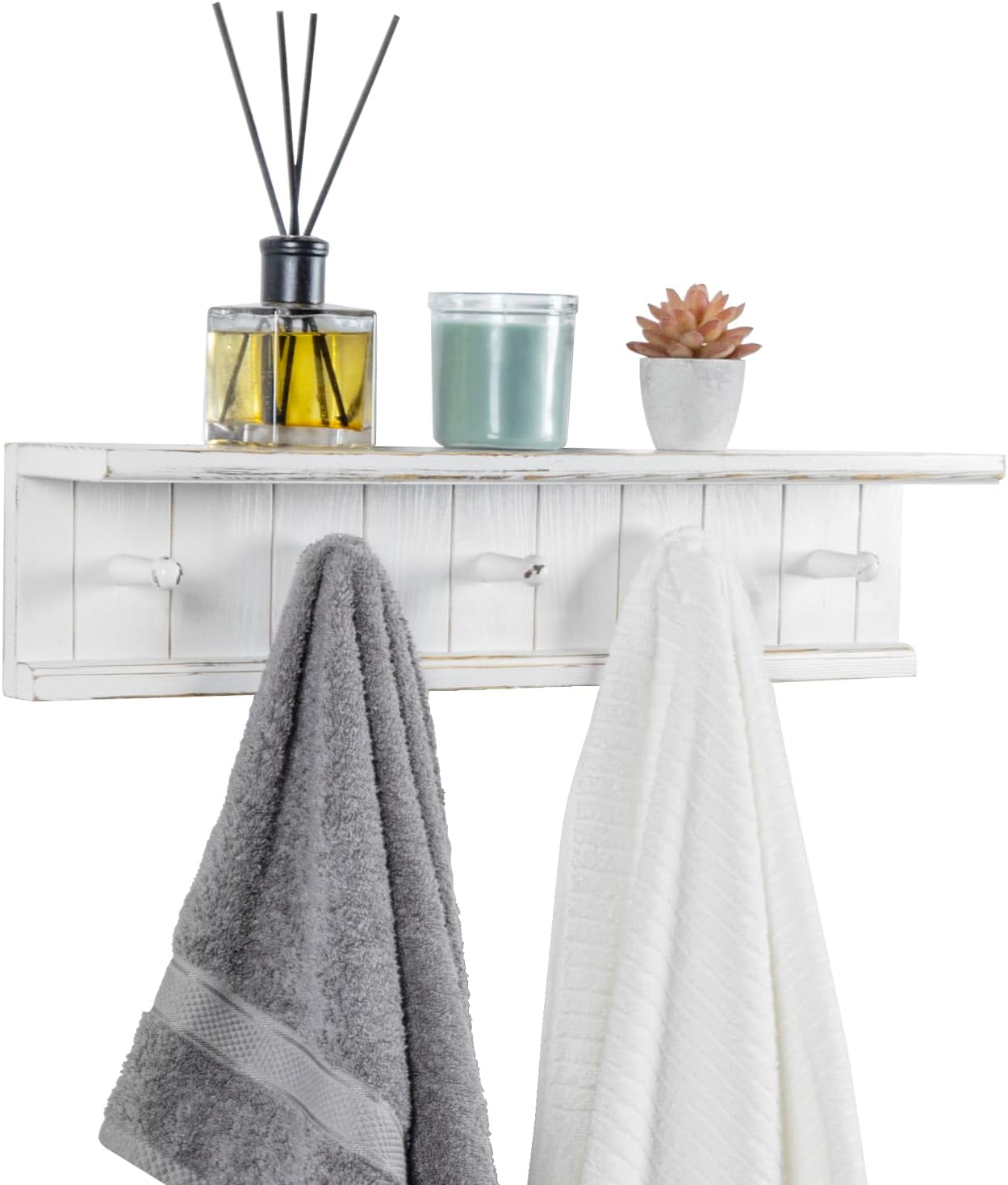 MyGift Wall Mounted 5 Hook Vintage White Wood Bathroom Shelf Towel Rack