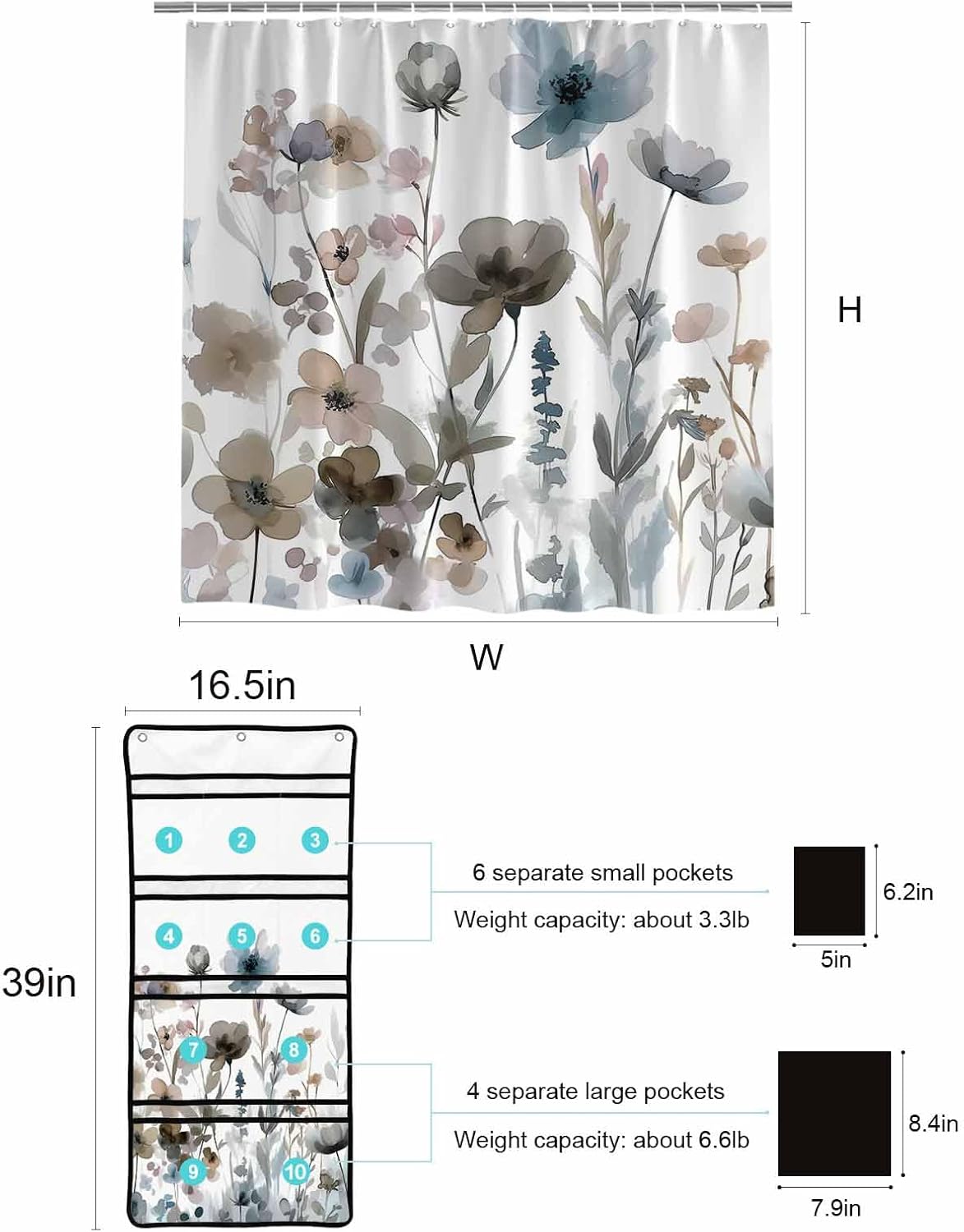 Watercolor Botanical Flower Shower Curtain with 10 Pocket Organizer and Hooks