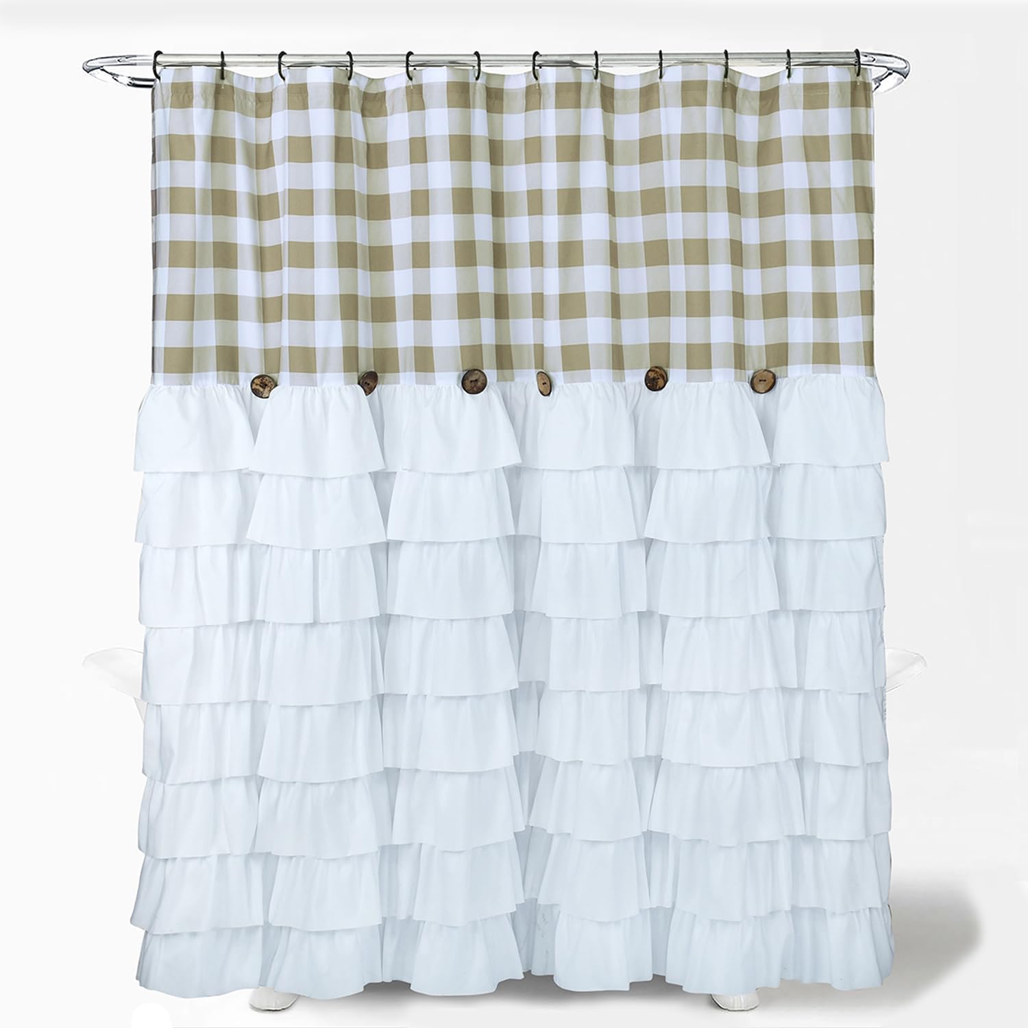 72 x 72in Farmhouse Ruffled Shower Curtain with Vintage Buttons