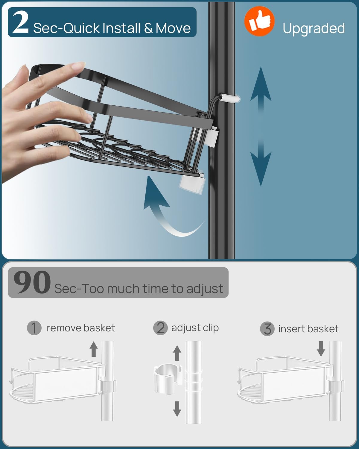 SEIRIONE Corner Shower Caddy Tension Pole 4-Tier Adjustable Rustproof Black