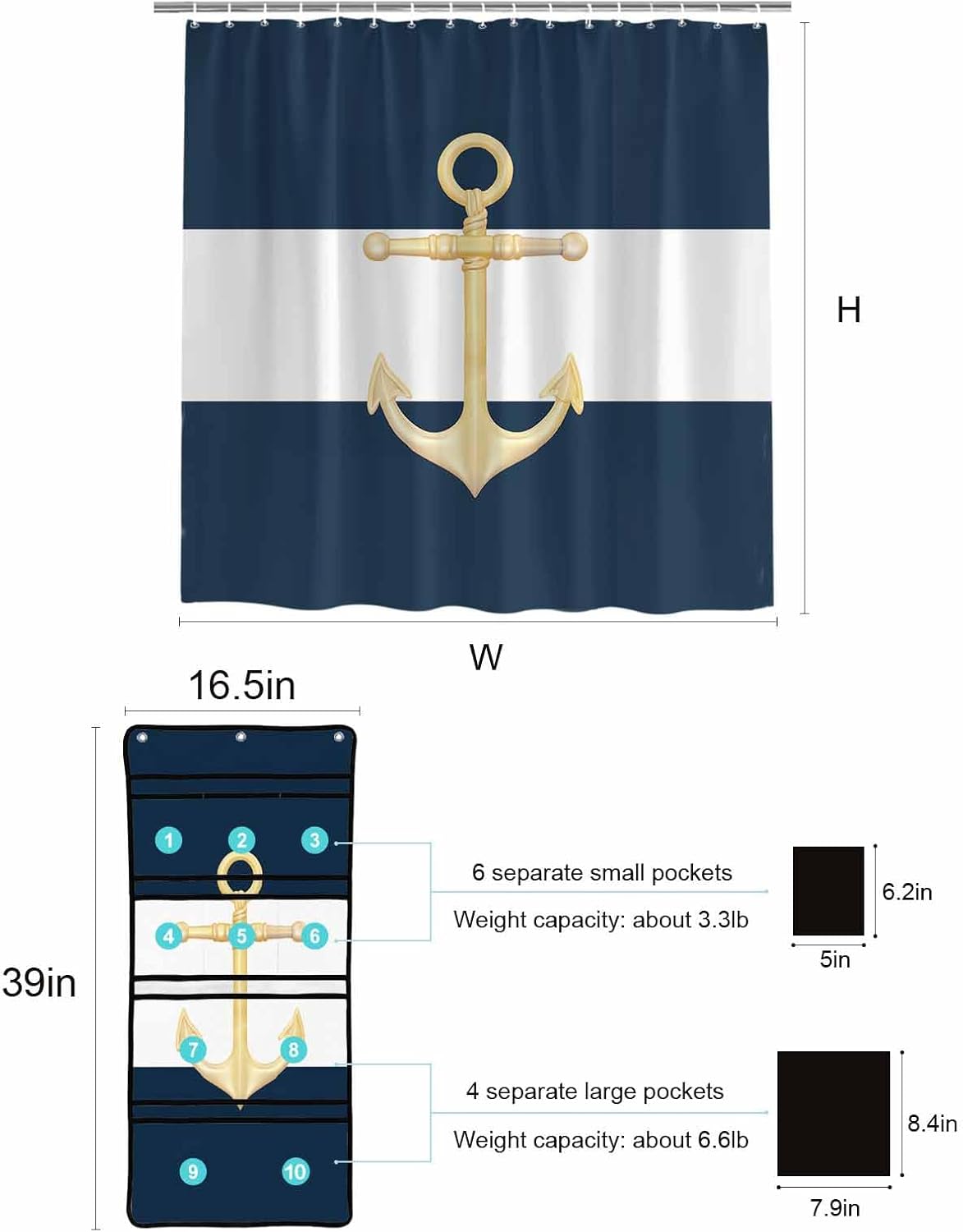 Gold Sea Anchor Blue and White Waterproof Shower Curtain with Mesh Organizer and 15 Hooks