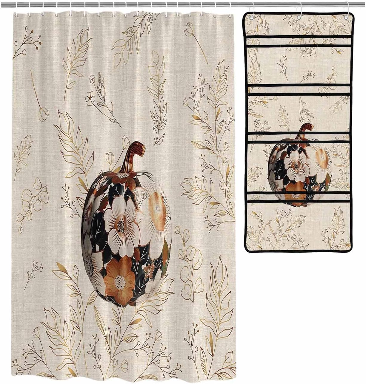 ZFUNCING Vintage Floral Pumpkin Shower Curtain Set with Hooks and Hanging Organizer