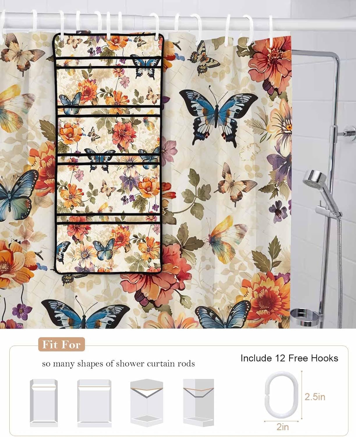 Colorful Floral Leaf Shower Curtain Set with 10 Pockets