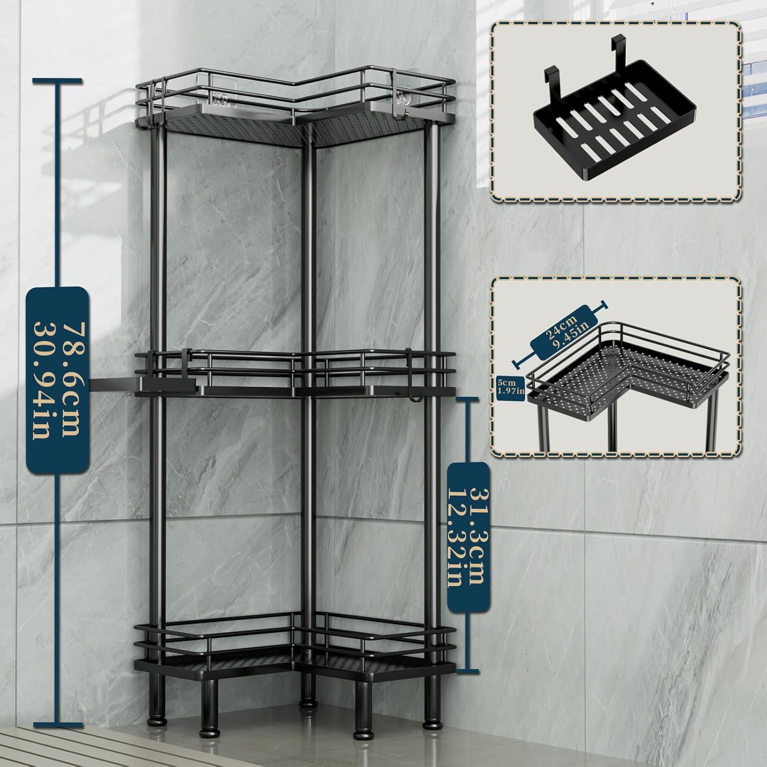 Consumest Corner Shower Caddy 3-Tier Stainless Steel Organizer with Hooks and Soap Holder