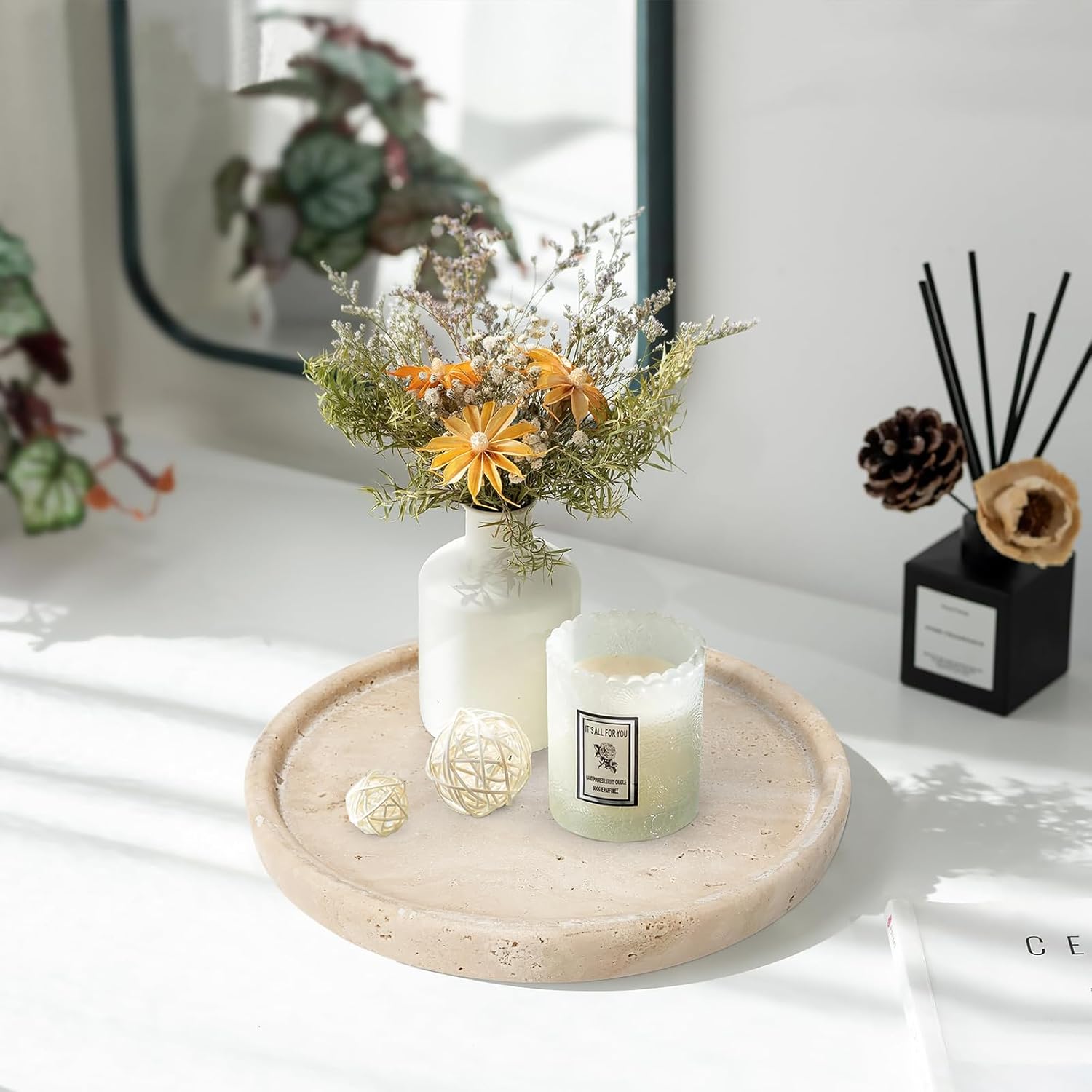 Travertine Tray Round Marble Vanity Tray for Bathroom Decor Small Ceramic Jewelry Holder