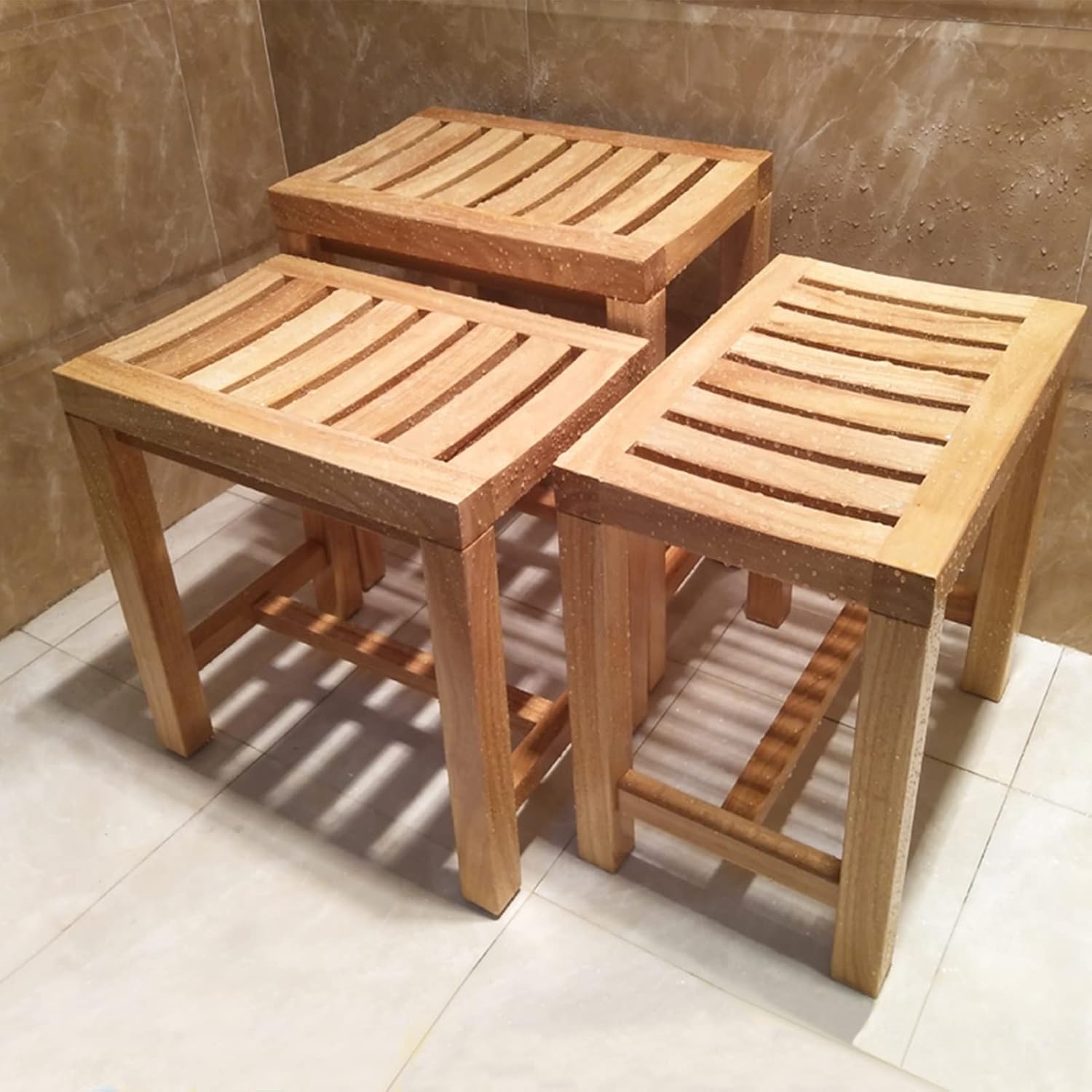 Shower Bench Bamboo Storage Shelf Waterproof Bathroom Stool for Indoor Outdoor Use