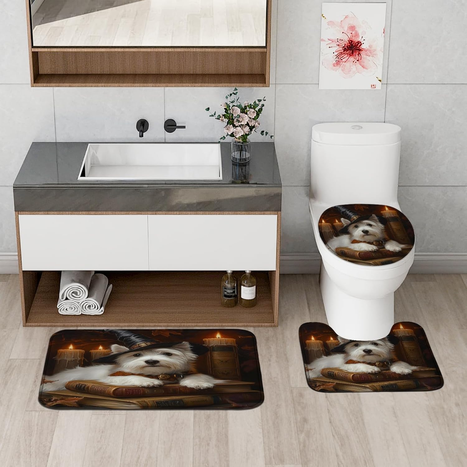 4PCS Halloween Witch Dog Bathroom Set with Non-Slip Rug and U Shape Toilet Lid Cover Mat