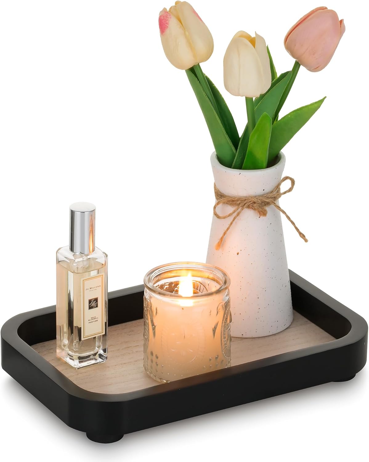 Hanobe Bathroom Vanity Perfume Tray - Black Rectangular Wood Stand Riser for Home Decor