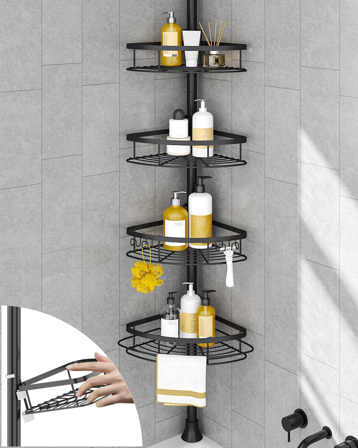 SEIRIONE Corner Shower Caddy Tension Pole 4-Tier Adjustable Rustproof Black