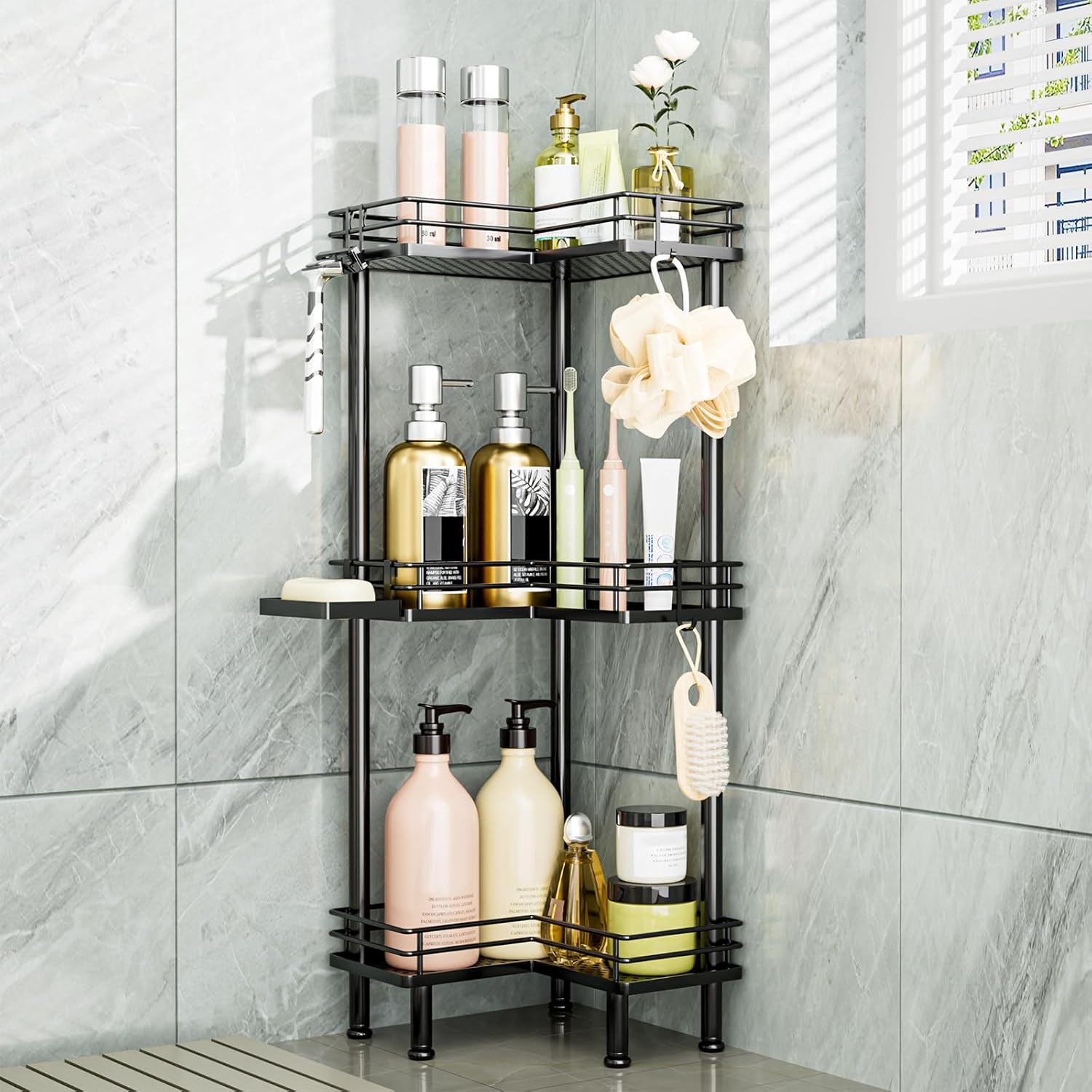 Consumest Corner Shower Caddy 3-Tier Stainless Steel Organizer with Hooks and Soap Holder