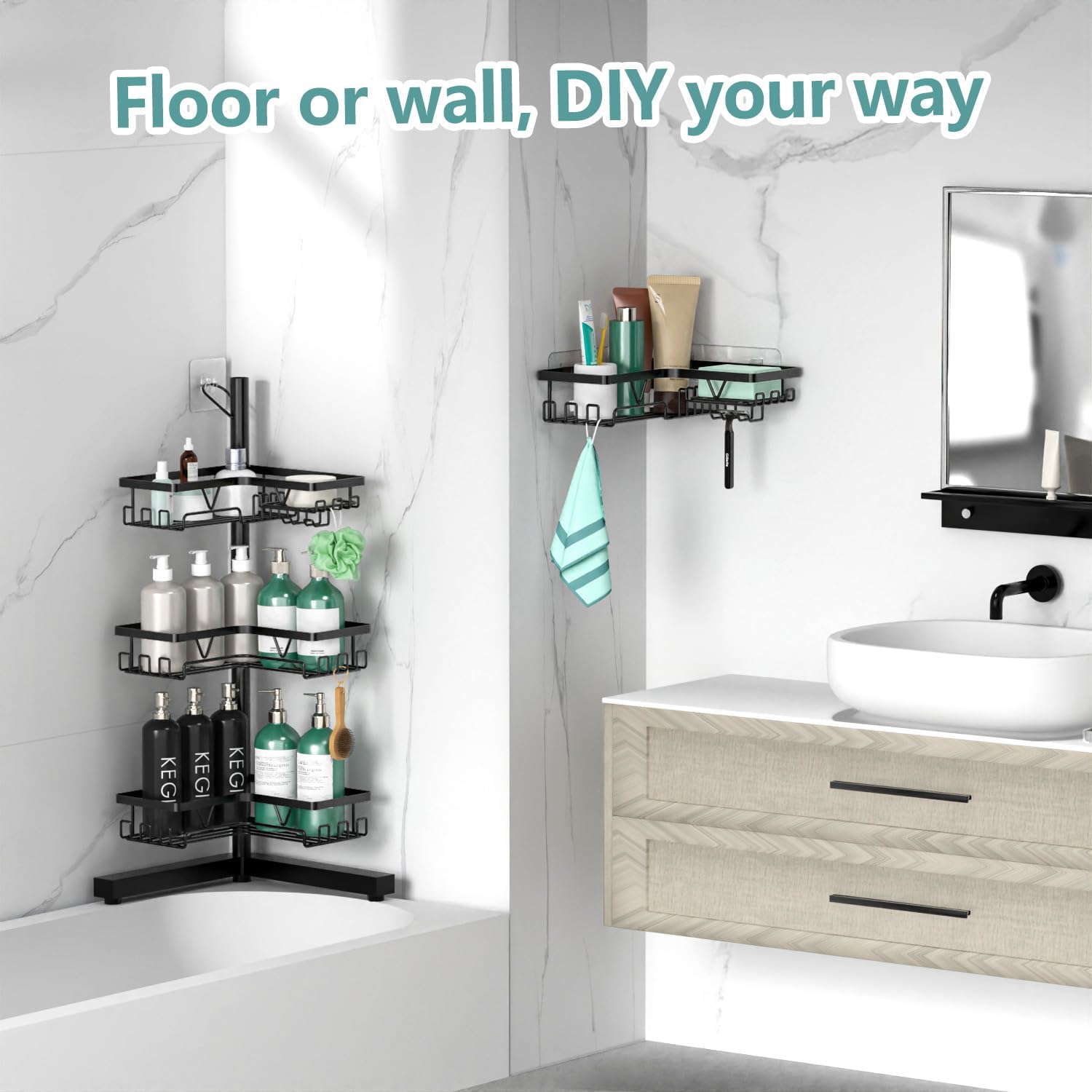 KEGII 4-Tier Floor and Wall Mount Shower Caddy with Hooks and Soap Holder Rustproof Corner Organizer Black