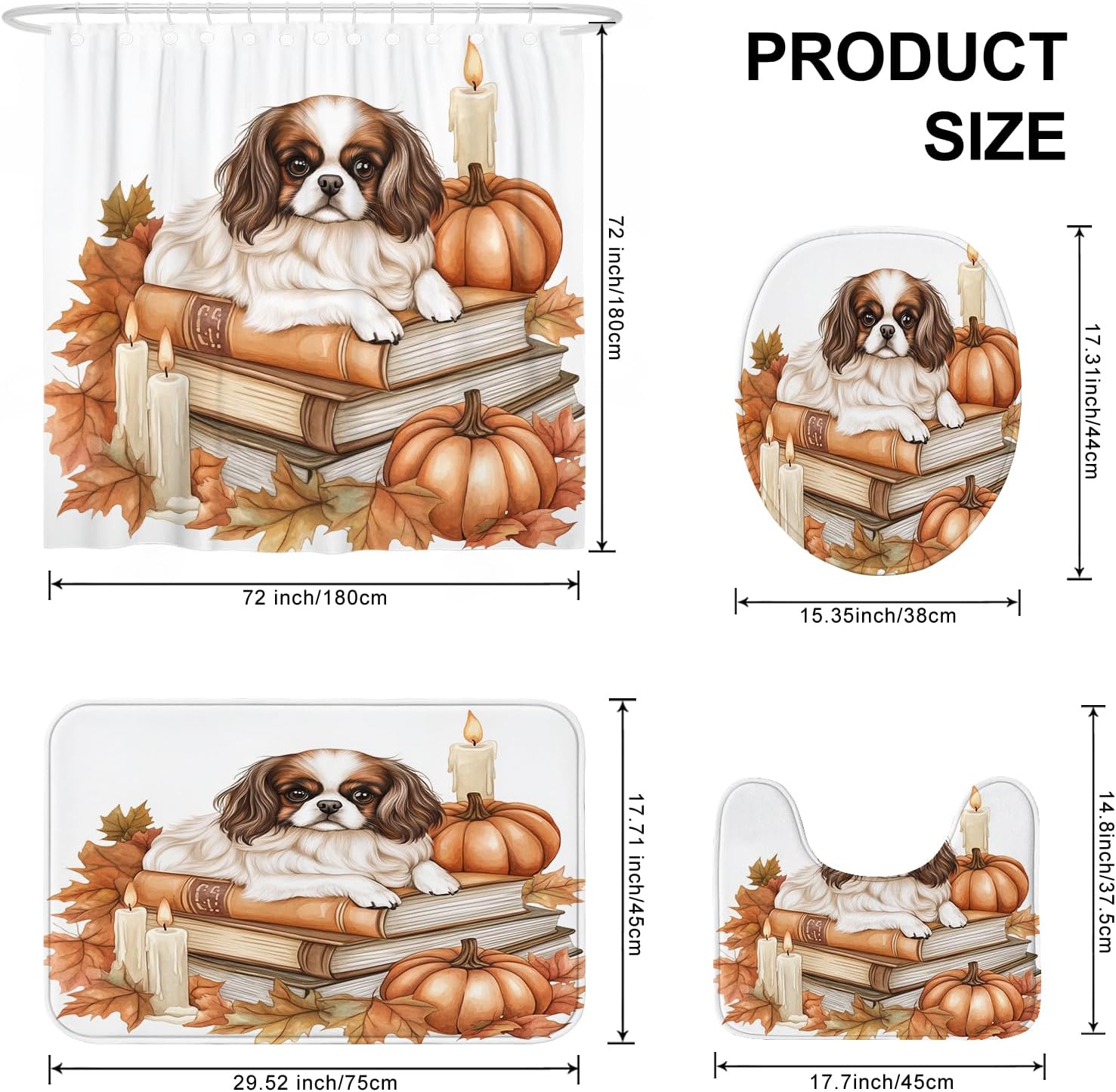 DESIHOM 4PCS Fall Japanese Chin Dog Shower Curtain Set 72x72 with Hooks and Bath Mat