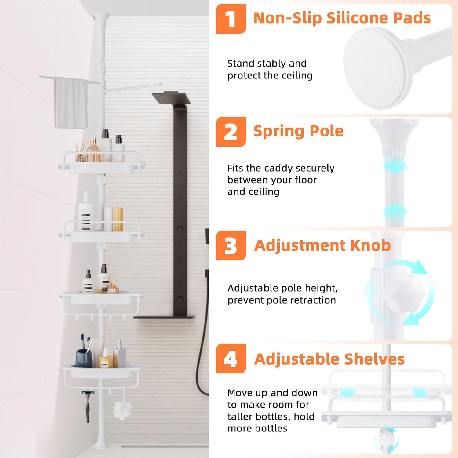 XLHOMO 32-122 Inch Corner Shower Caddy with 4 Tier Shelves