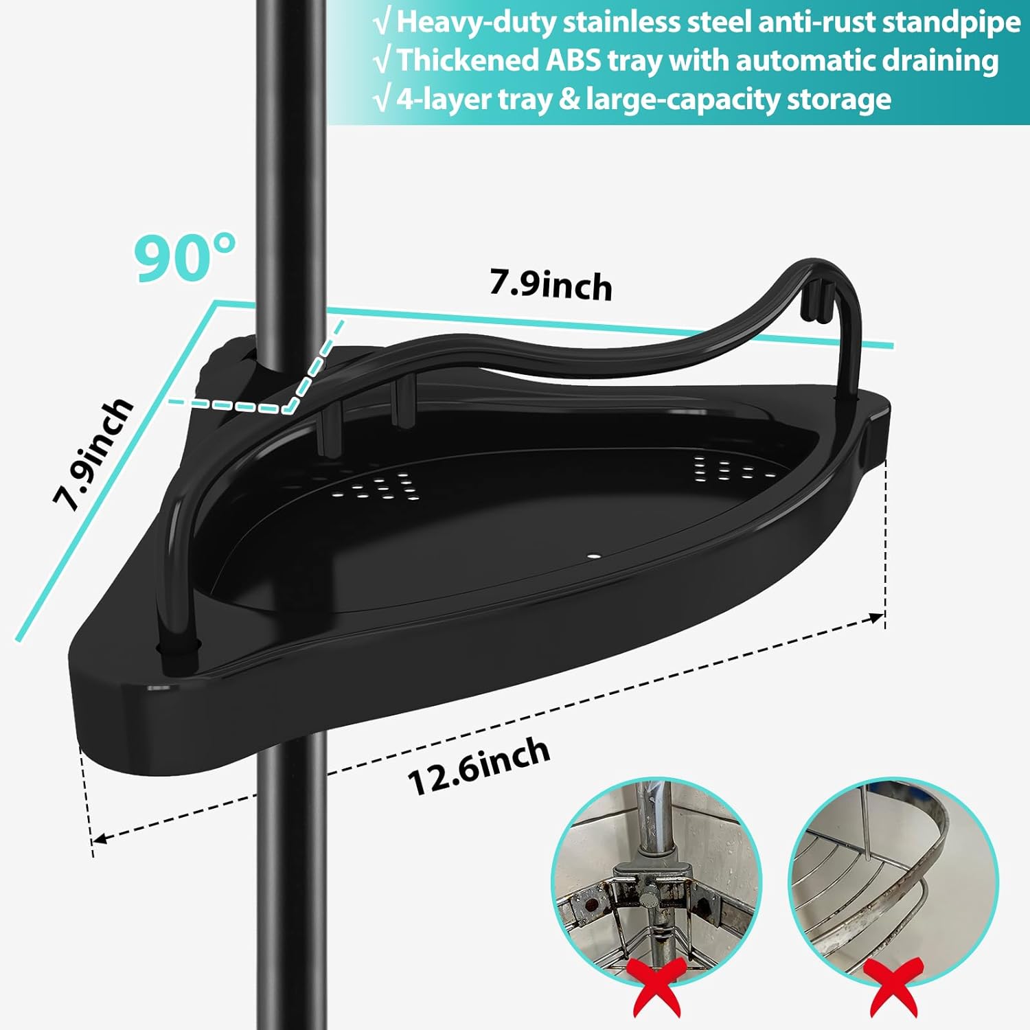 Adjustable Corner Shower Caddy with 4 Layers and Rustproof Metal Tension Pole Black