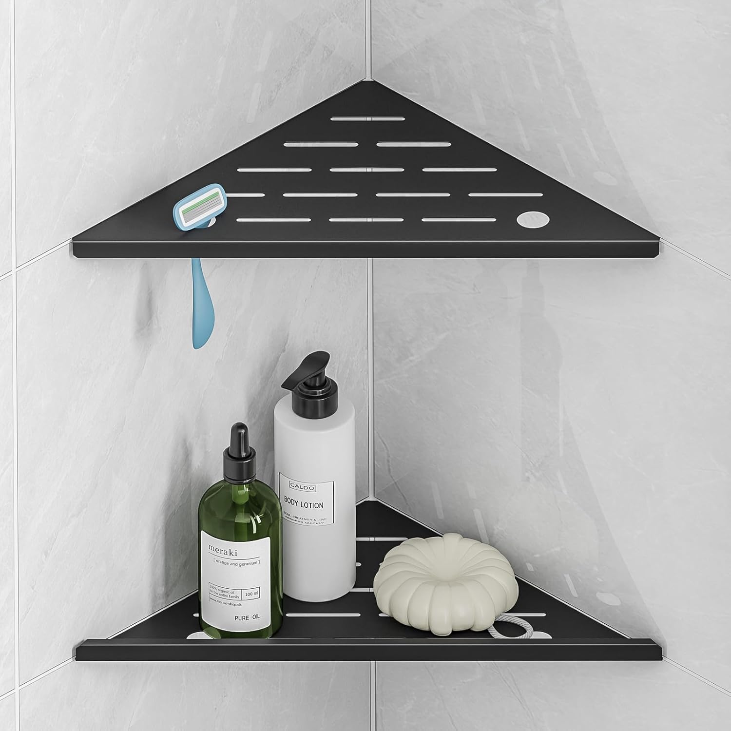 HBXS 10 Inch Black Shower Corner Shelf with Razor Hole 2-Pack