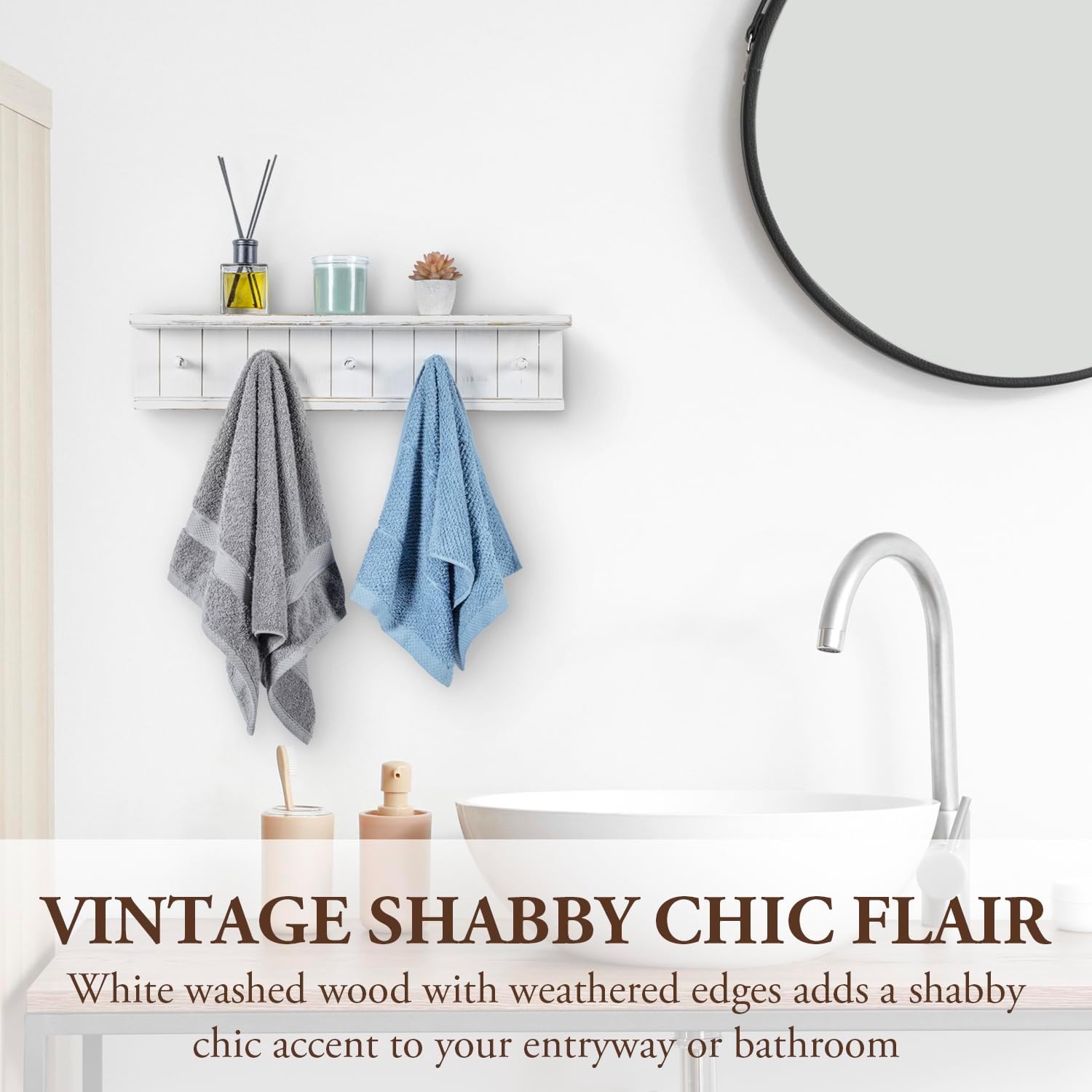 MyGift Wall Mounted 5 Hook Vintage White Wood Bathroom Shelf Towel Rack