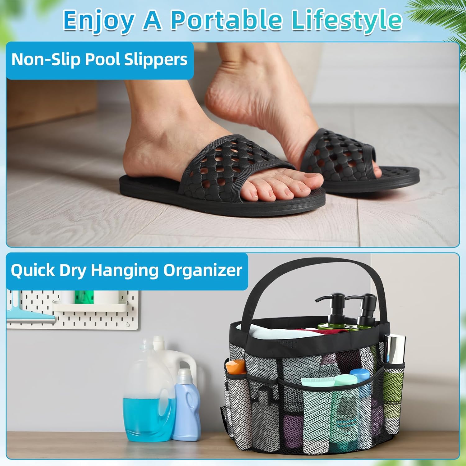 2 Pcs Mesh Shower Caddy and Non-Slip Slippers for Dorm Beach Pool Gym