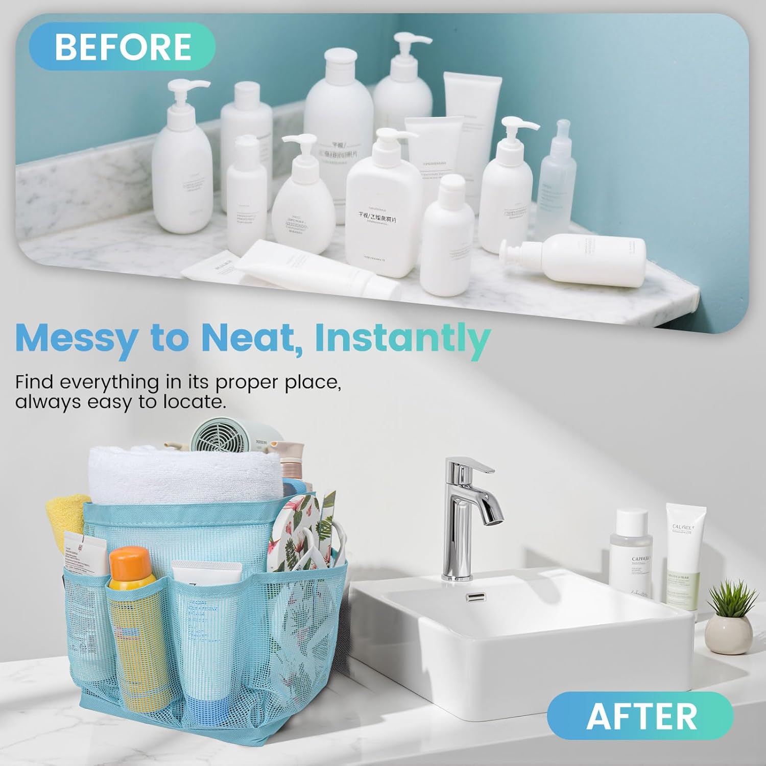 Portable Shower Caddy with 9 Pockets for Dorm Room and Travel Blue